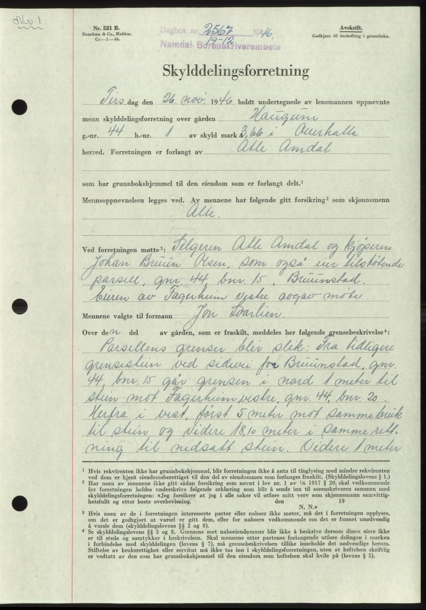 Namdal sorenskriveri, SAT/A-4133/1/2/2C: Pantebok nr. -, 1946-1947, Dagboknr: 2567/1946