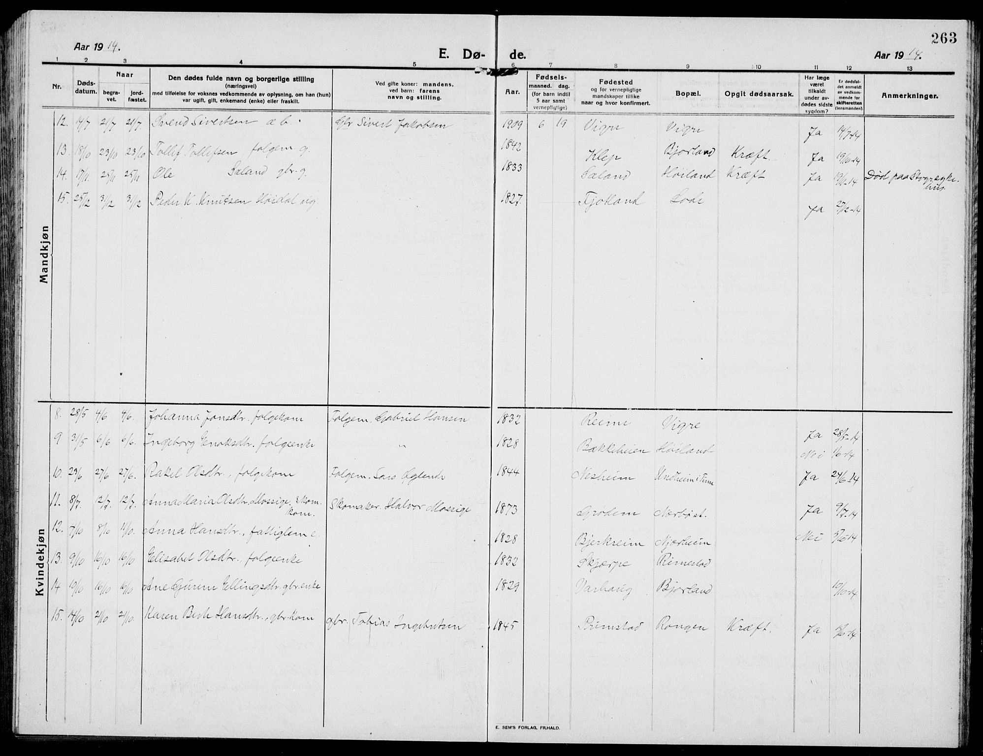 Hå sokneprestkontor, SAST/A-101801/001/30BB/L0007: Klokkerbok nr. B 7, 1912-1939, s. 263