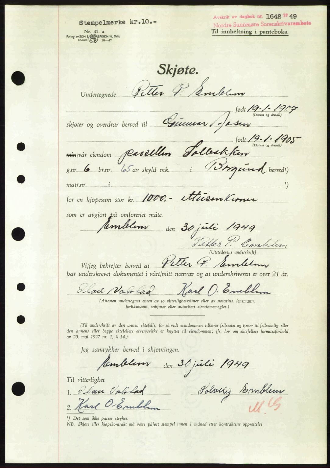 Nordre Sunnmøre sorenskriveri, AV/SAT-A-0006/1/2/2C/2Ca: Pantebok nr. A31, 1949-1949, Dagboknr: 1648/1949