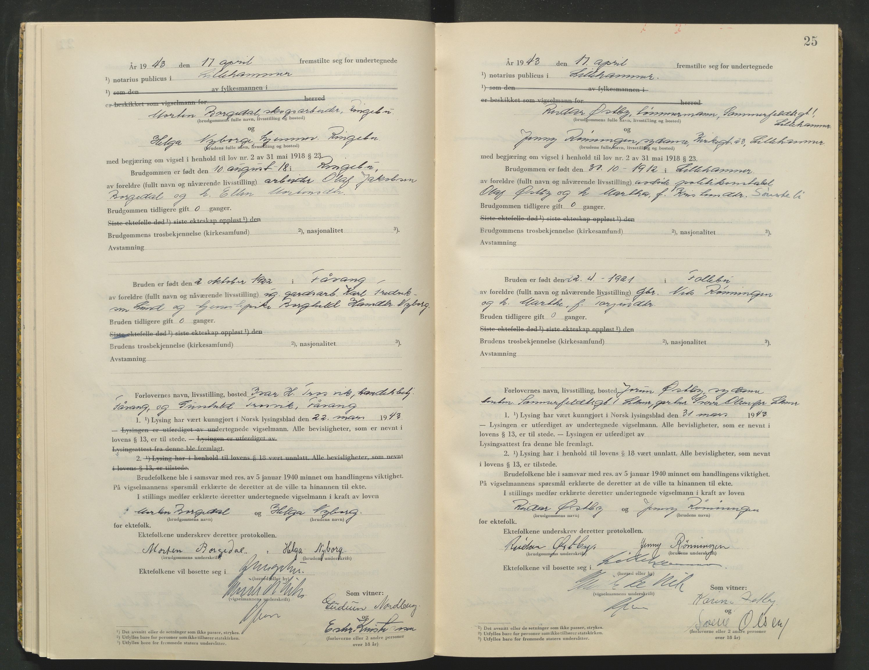Sør-Gudbrandsdal tingrett, AV/SAH-TING-004/L/Lc/L0003: Vigselsprotokoll, 1943, s. 25