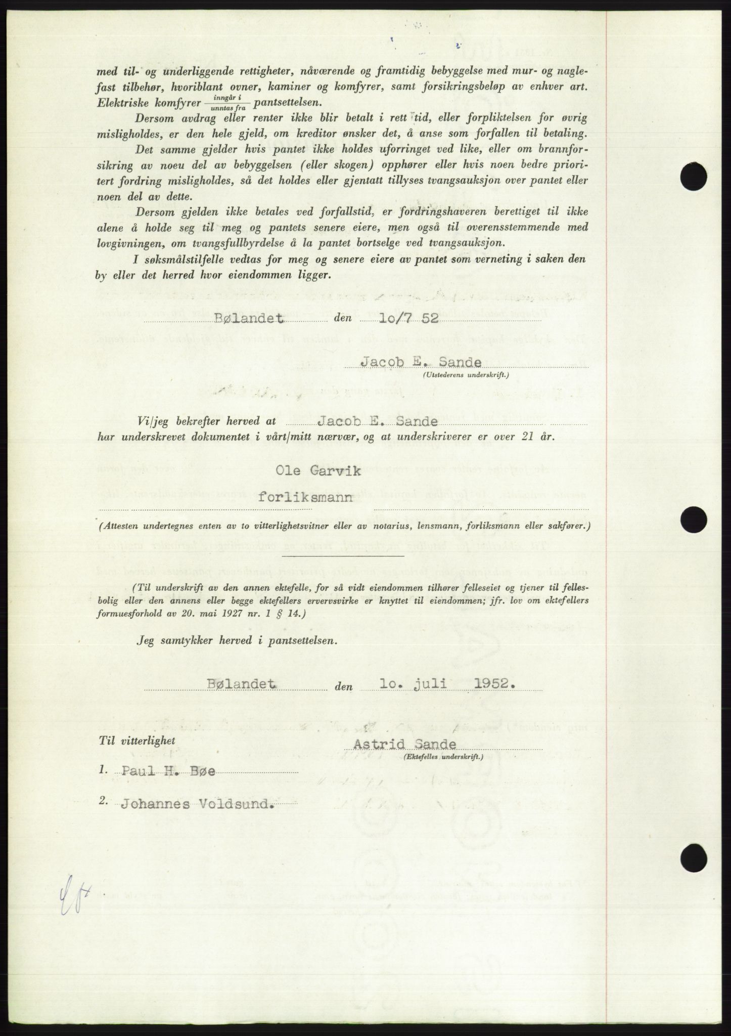 Søre Sunnmøre sorenskriveri, AV/SAT-A-4122/1/2/2C/L0121: Pantebok nr. 9B, 1951-1952, Dagboknr: 1463/1952