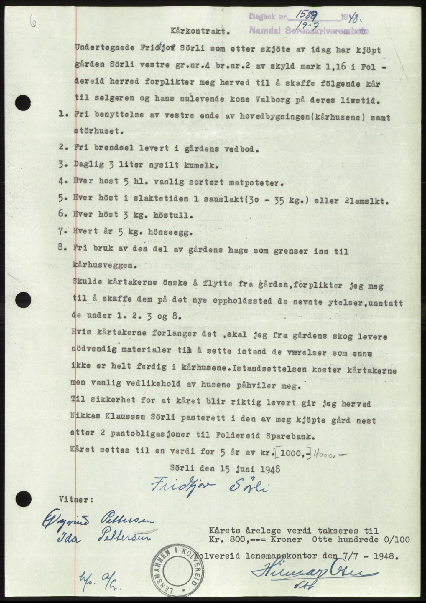 Namdal sorenskriveri, SAT/A-4133/1/2/2C: Pantebok nr. -, 1948-1948, Dagboknr: 1589/1948