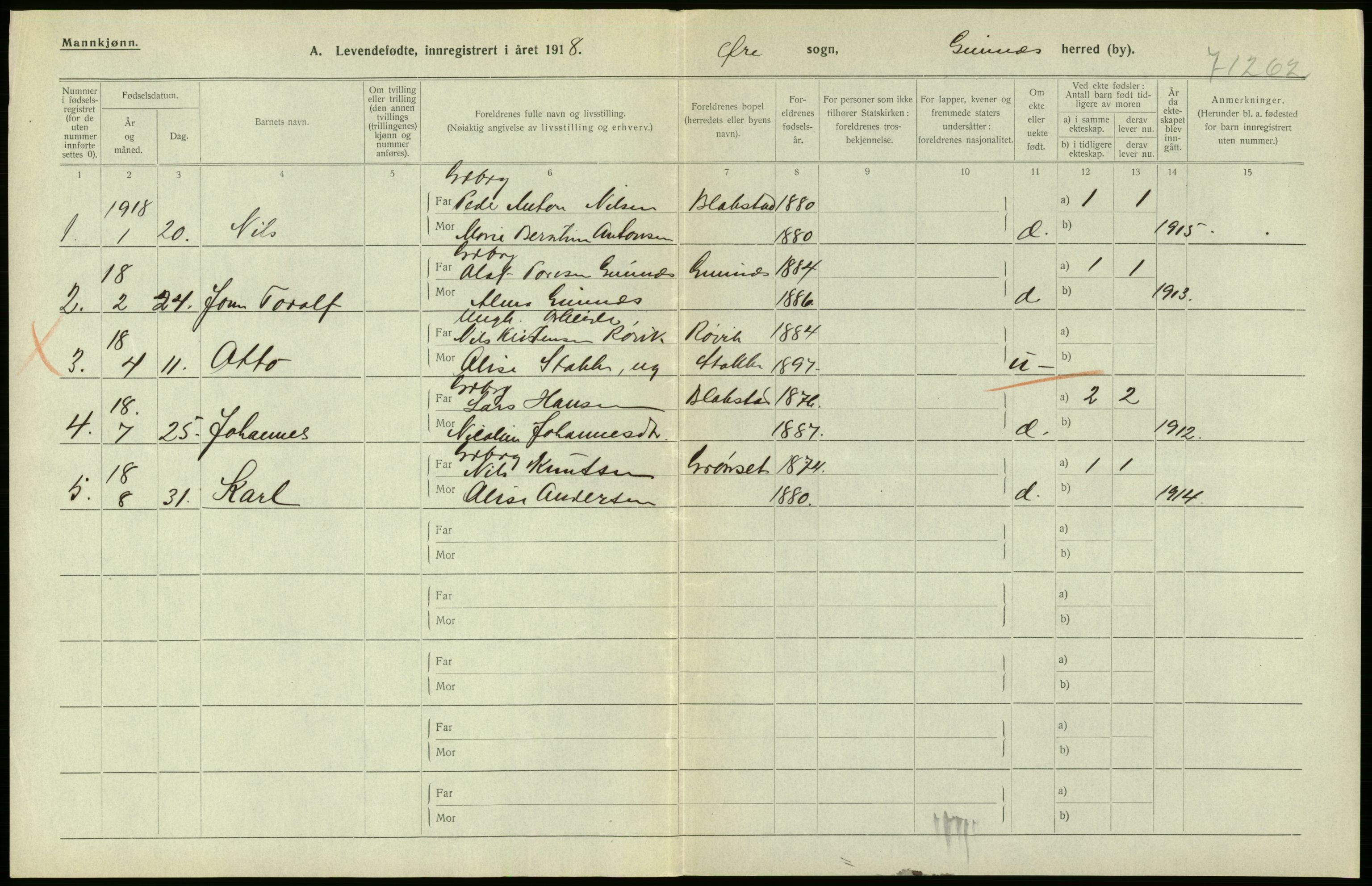 Statistisk sentralbyrå, Sosiodemografiske emner, Befolkning, RA/S-2228/D/Df/Dfb/Dfbh/L0043: Møre fylke: Levendefødte menn og kvinner. Bygder., 1918, s. 420