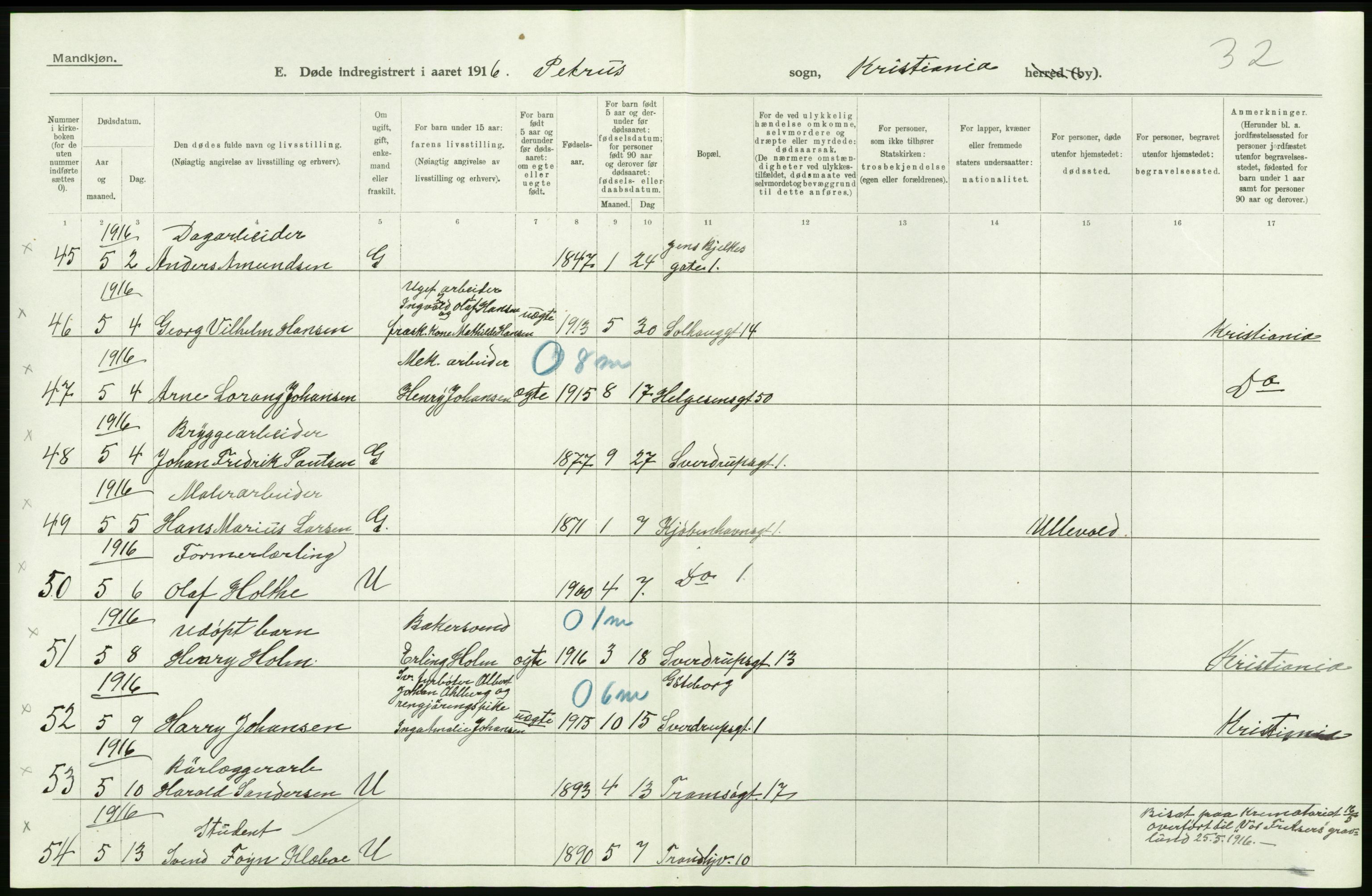 Statistisk sentralbyrå, Sosiodemografiske emner, Befolkning, AV/RA-S-2228/D/Df/Dfb/Dfbf/L0009: Kristiania: Døde., 1916, s. 88