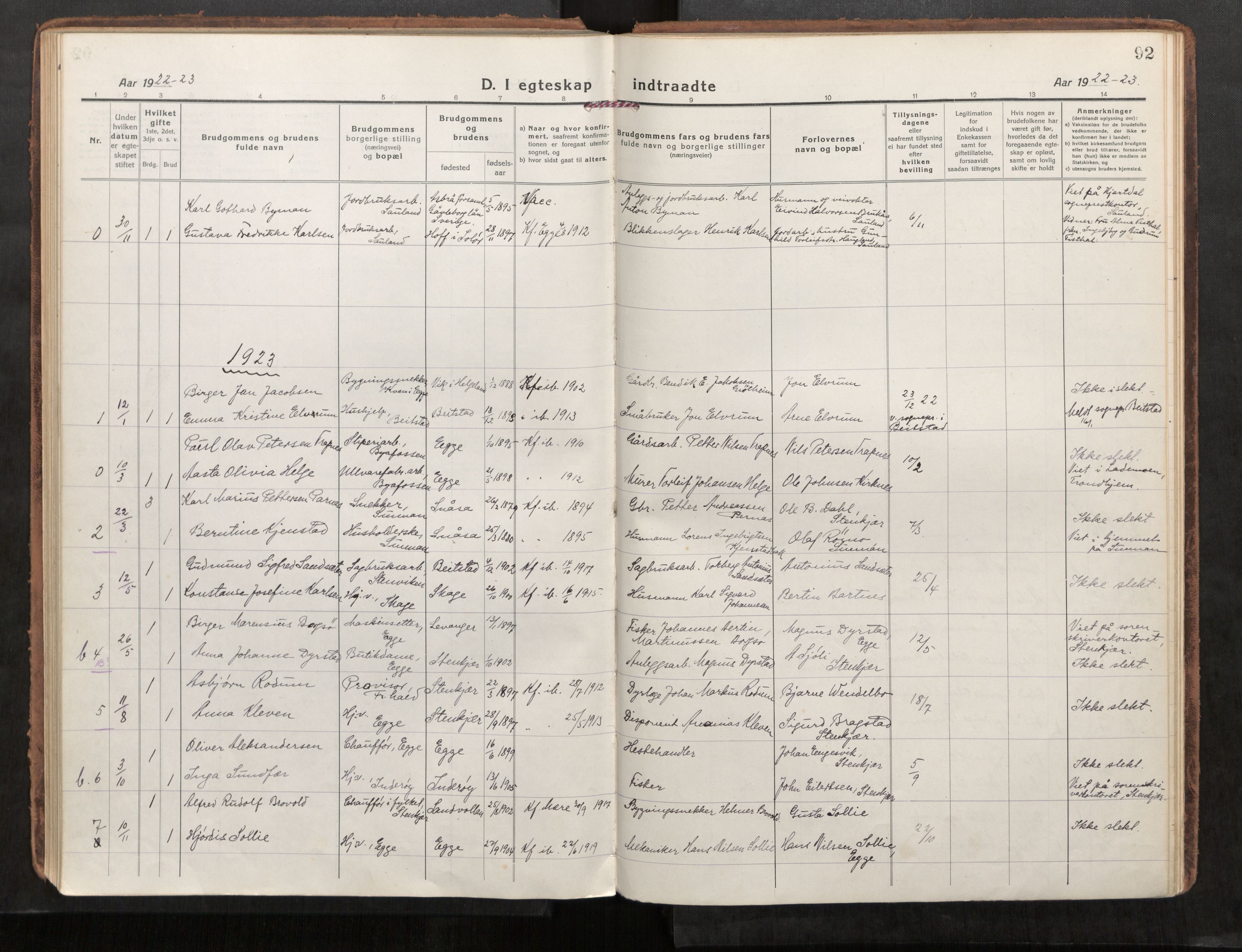 Steinkjer sokneprestkontor, AV/SAT-A-1541/01/H/Ha/Haa/L0004: Ministerialbok nr. 4, 1918-1924, s. 92