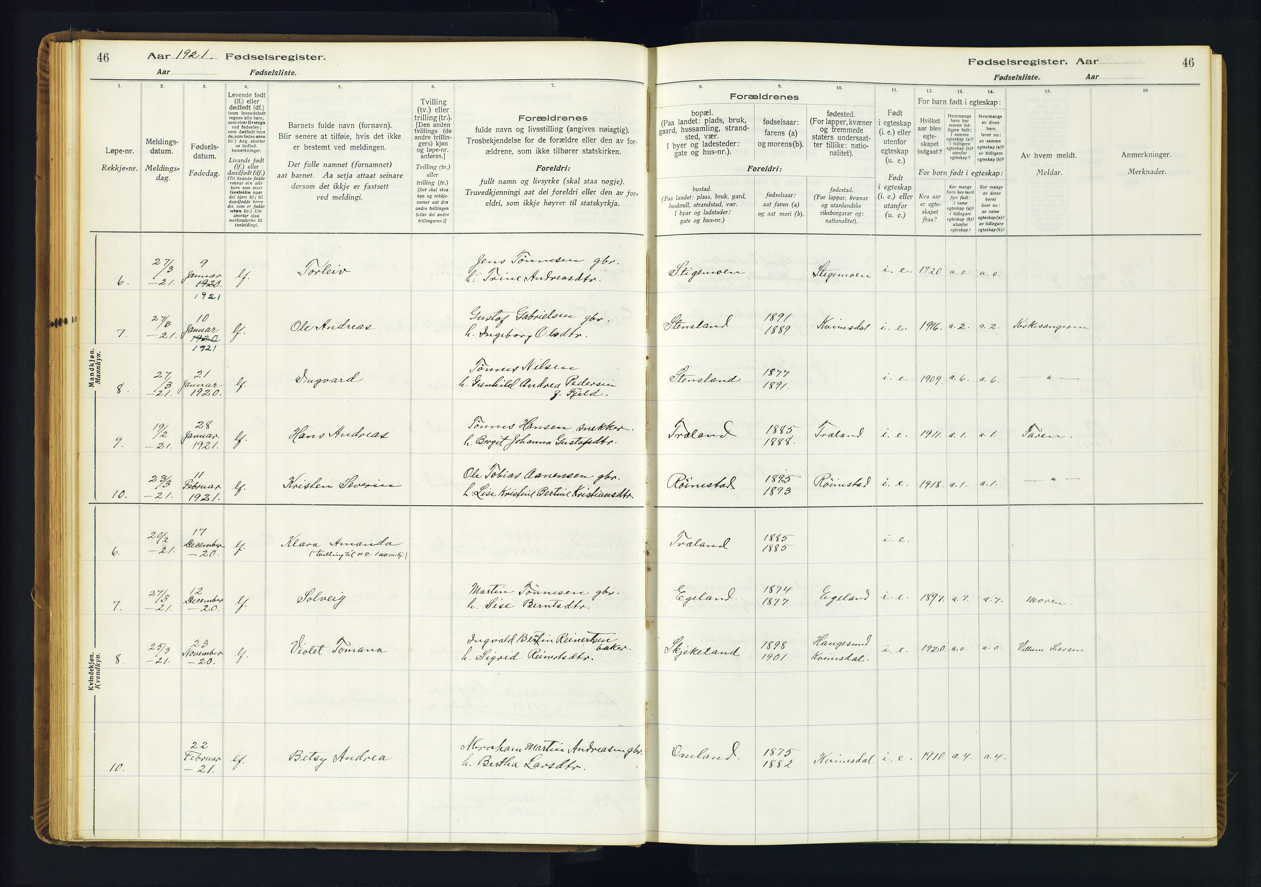 Kvinesdal sokneprestkontor, AV/SAK-1111-0026/J/Ja/L0001: Fødselsregister nr. 1, 1916-1941, s. 46