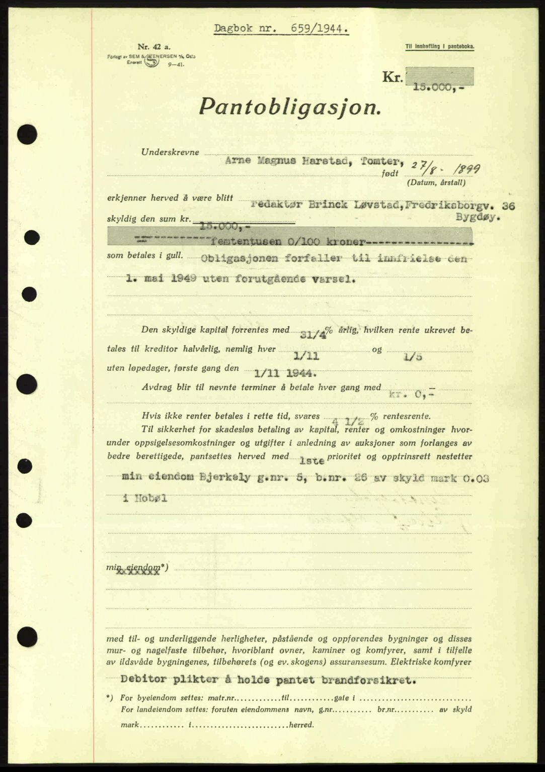 Moss sorenskriveri, SAO/A-10168: Pantebok nr. B13, 1943-1945, Dagboknr: 659/1944