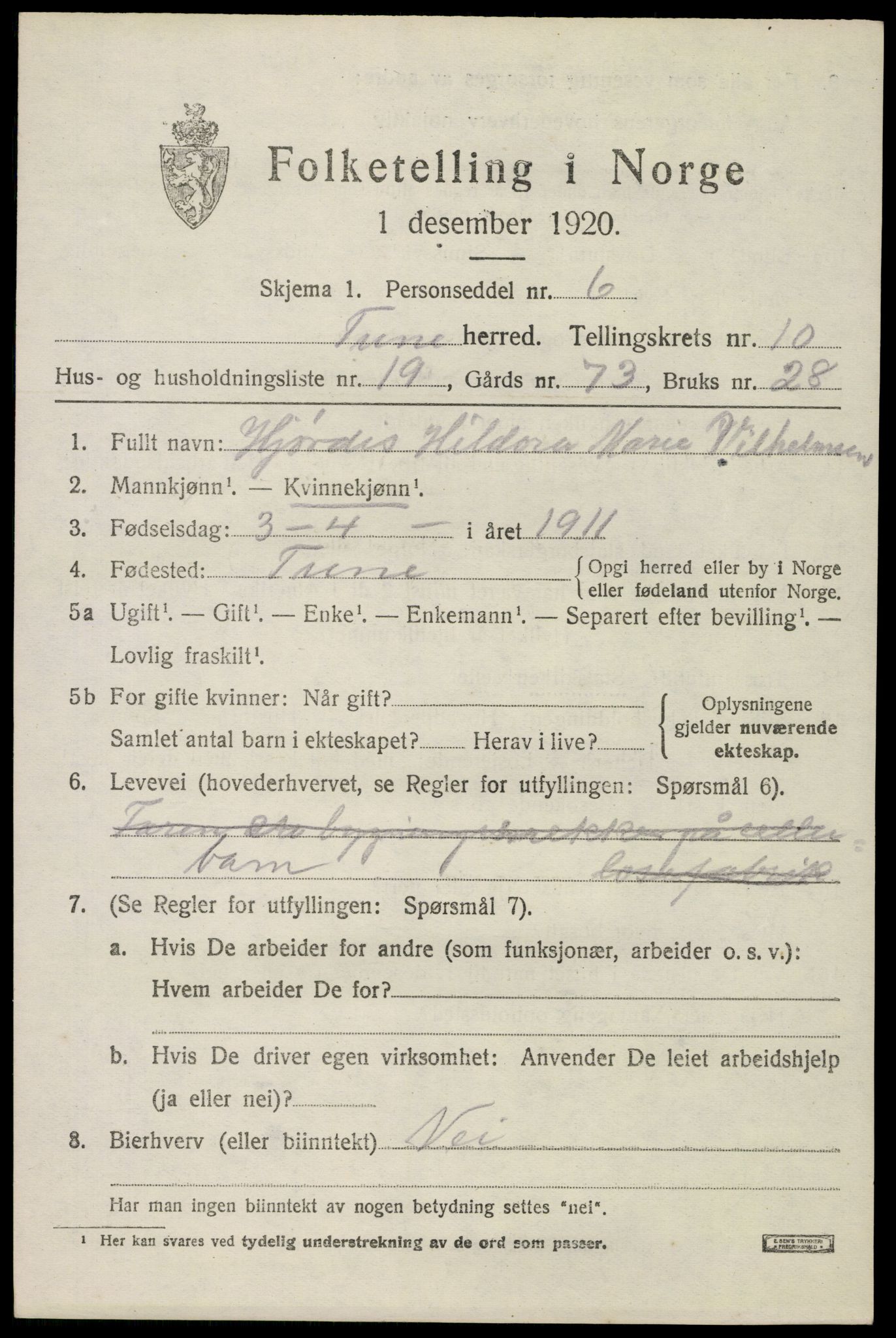 SAO, Folketelling 1920 for 0130 Tune herred, 1920, s. 10900