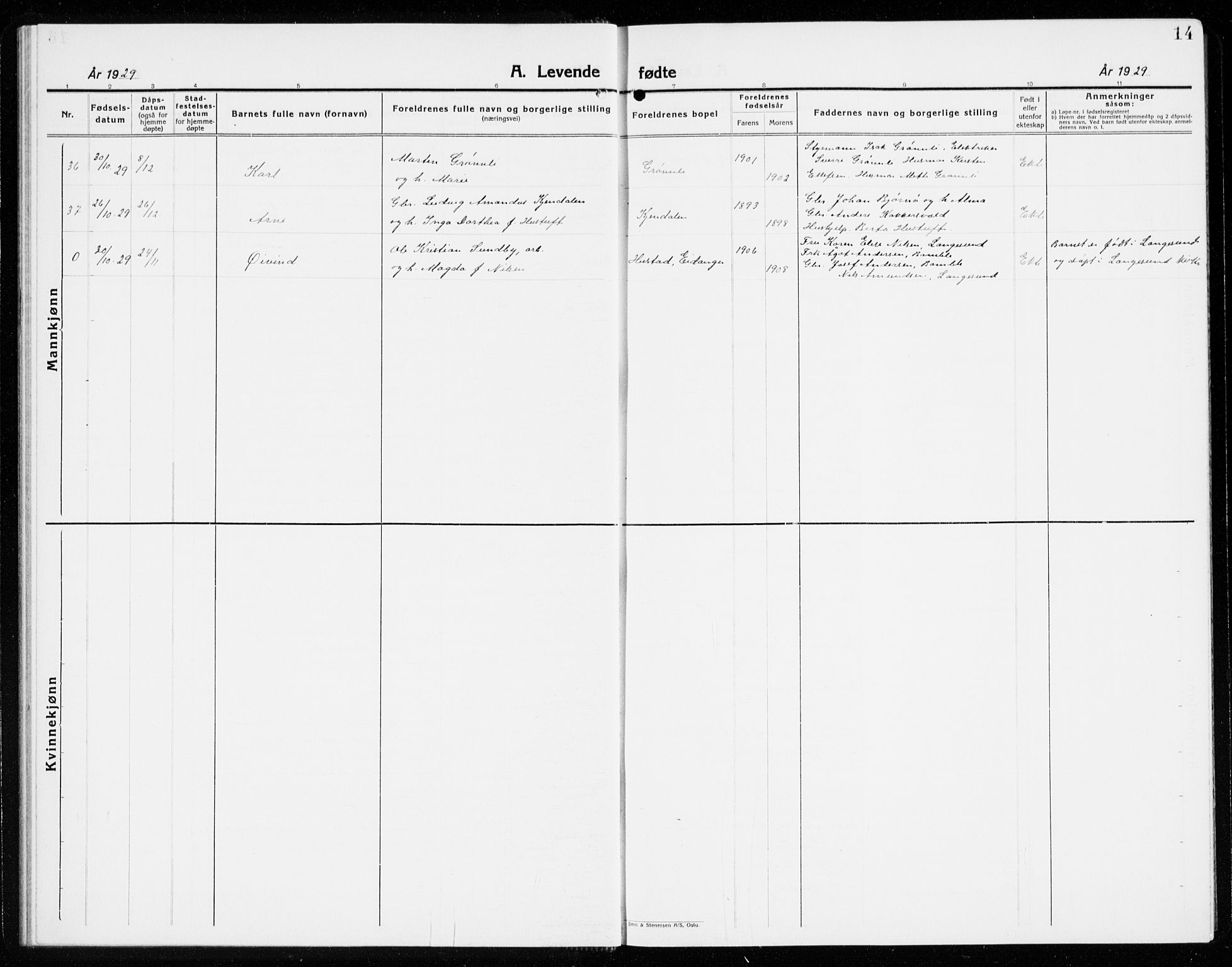 Eidanger kirkebøker, AV/SAKO-A-261/G/Ga/L0005: Klokkerbok nr. 5, 1928-1942, s. 14