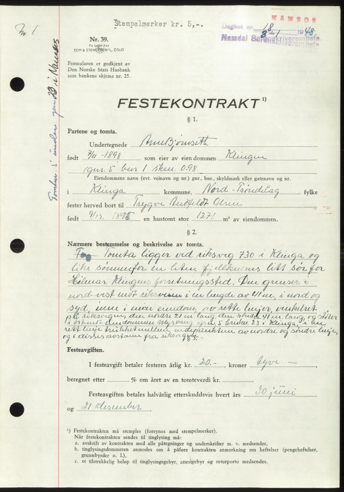 Namdal sorenskriveri, SAT/A-4133/1/2/2C: Pantebok nr. -, 1947-1948, Dagboknr: 18/1948
