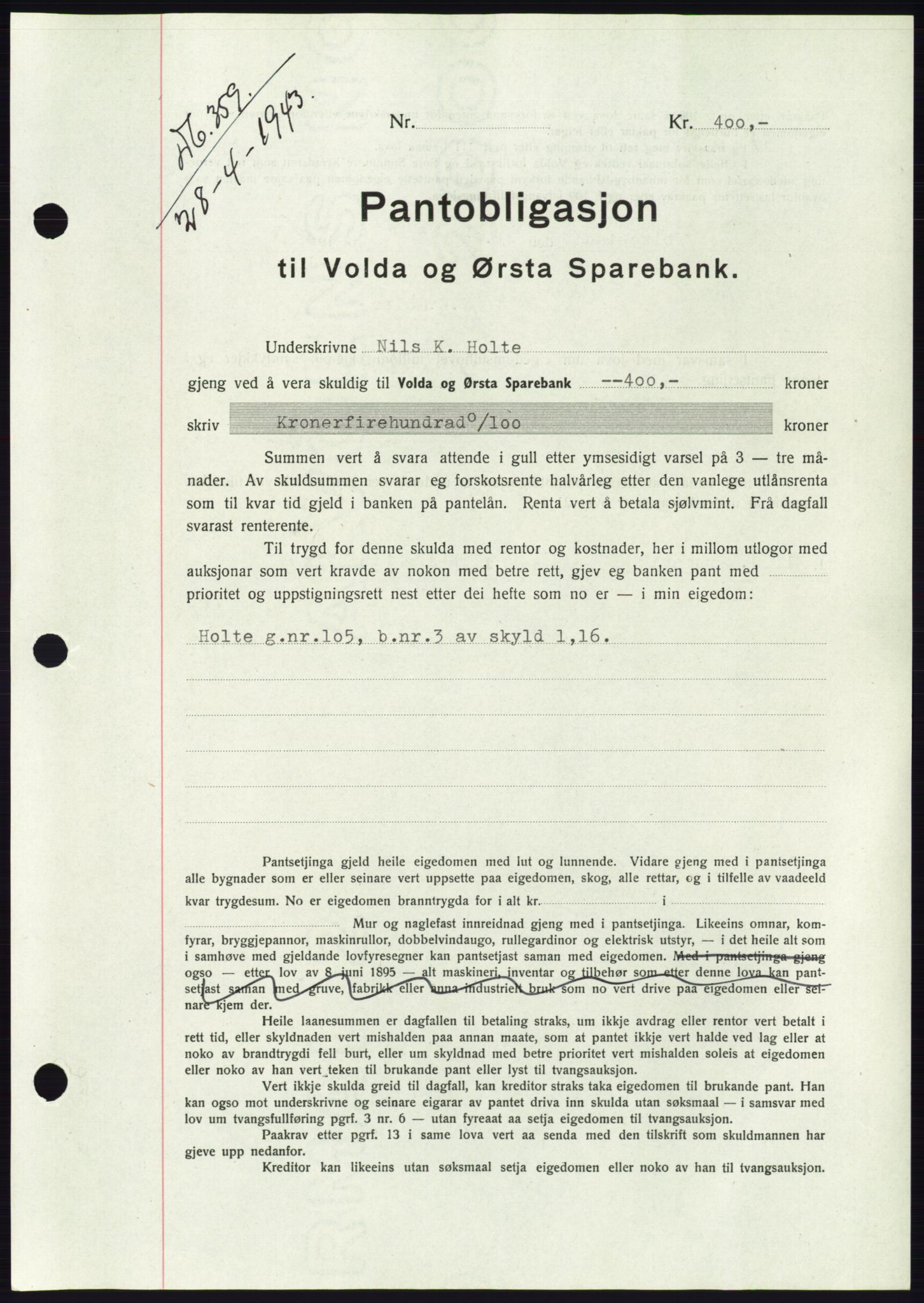 Søre Sunnmøre sorenskriveri, AV/SAT-A-4122/1/2/2C/L0114: Pantebok nr. 1-2B, 1943-1947, Dagboknr: 359/1943