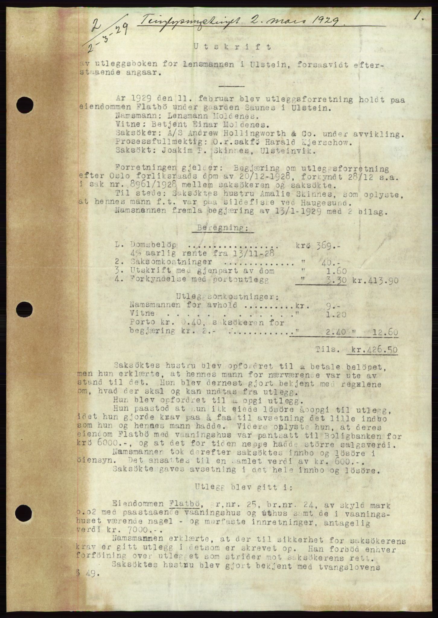 Søre Sunnmøre sorenskriveri, AV/SAT-A-4122/1/2/2C/L0049: Pantebok nr. 43, 1929-1929, Tingl.dato: 02.03.1929