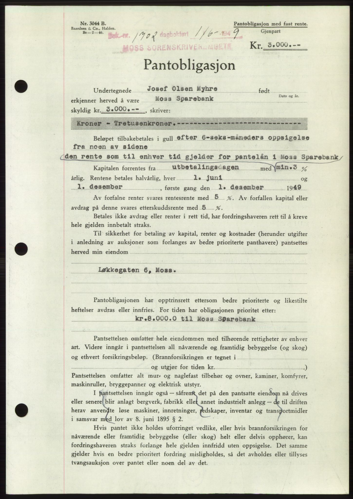 Moss sorenskriveri, SAO/A-10168: Pantebok nr. B22, 1949-1949, Dagboknr: 1702/1949