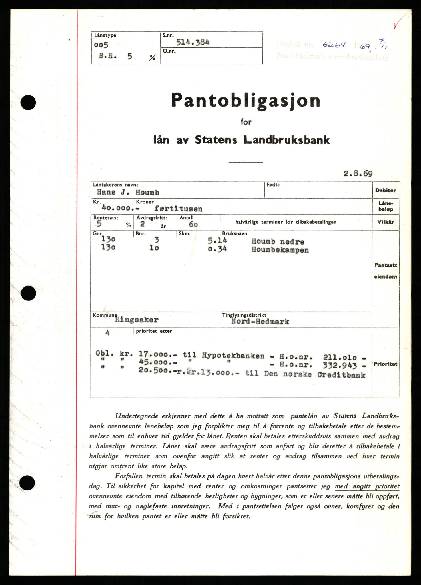 Nord-Hedmark sorenskriveri, SAH/TING-012/H/Hb/Hbf/L0082: Pantebok nr. B82, 1969-1969, Dagboknr: 6264/1969