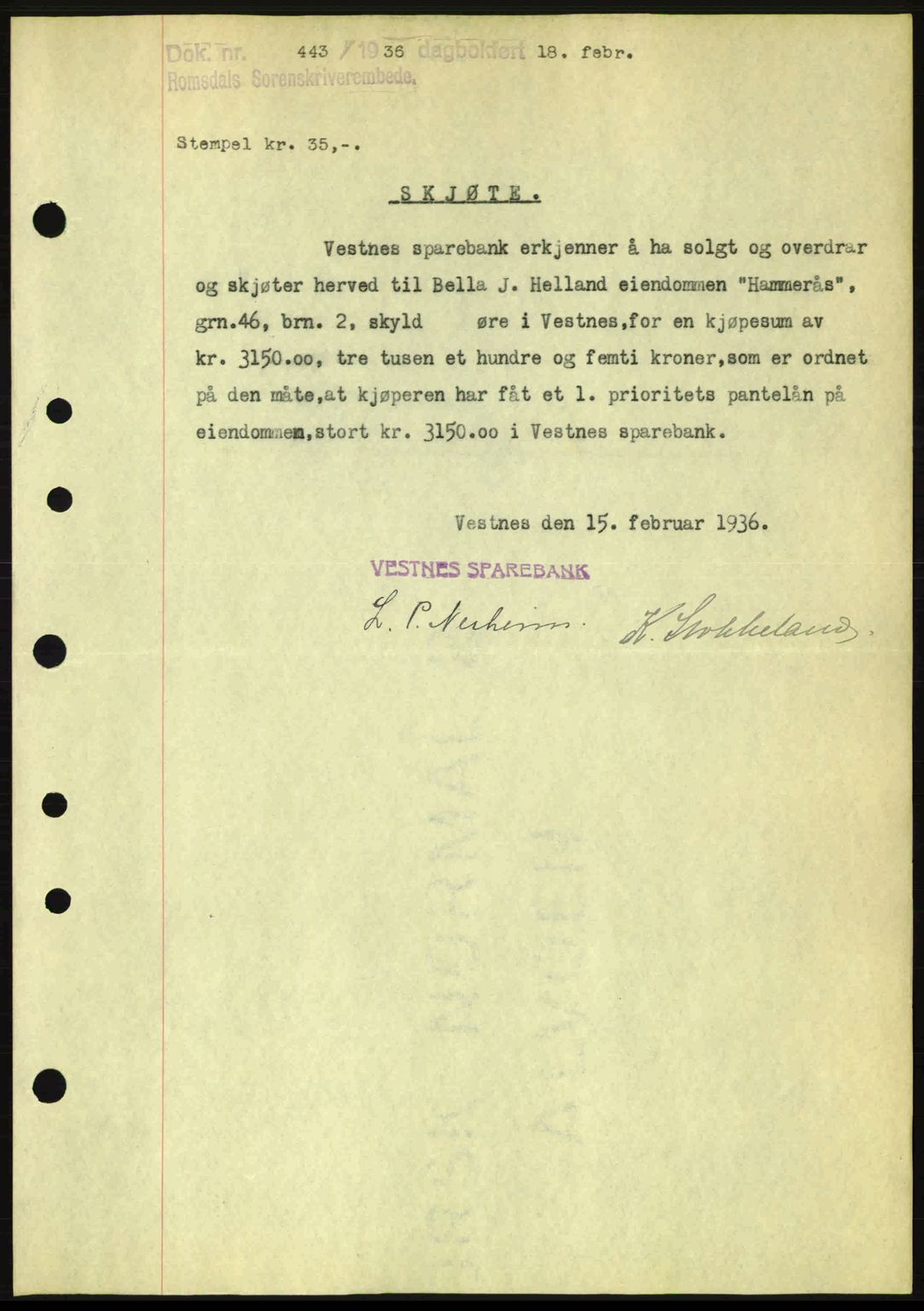 Romsdal sorenskriveri, SAT/A-4149/1/2/2C: Pantebok nr. A1, 1936-1936, Dagboknr: 443/1936