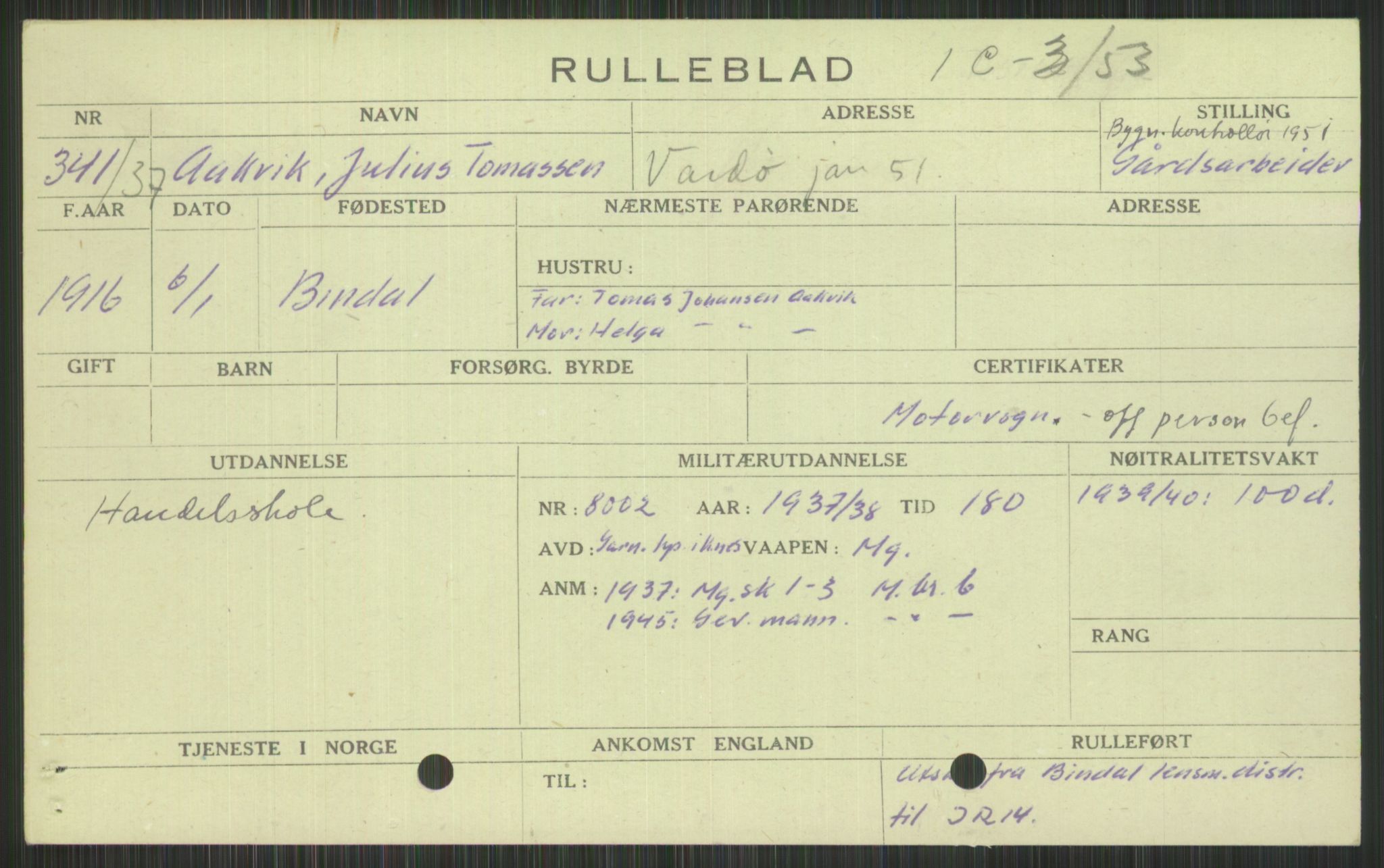 Forsvaret, Varanger bataljon, AV/RA-RAFA-2258/1/D/L0441: Rulleblad for fødte 1913-1917, 1913-1917, s. 961