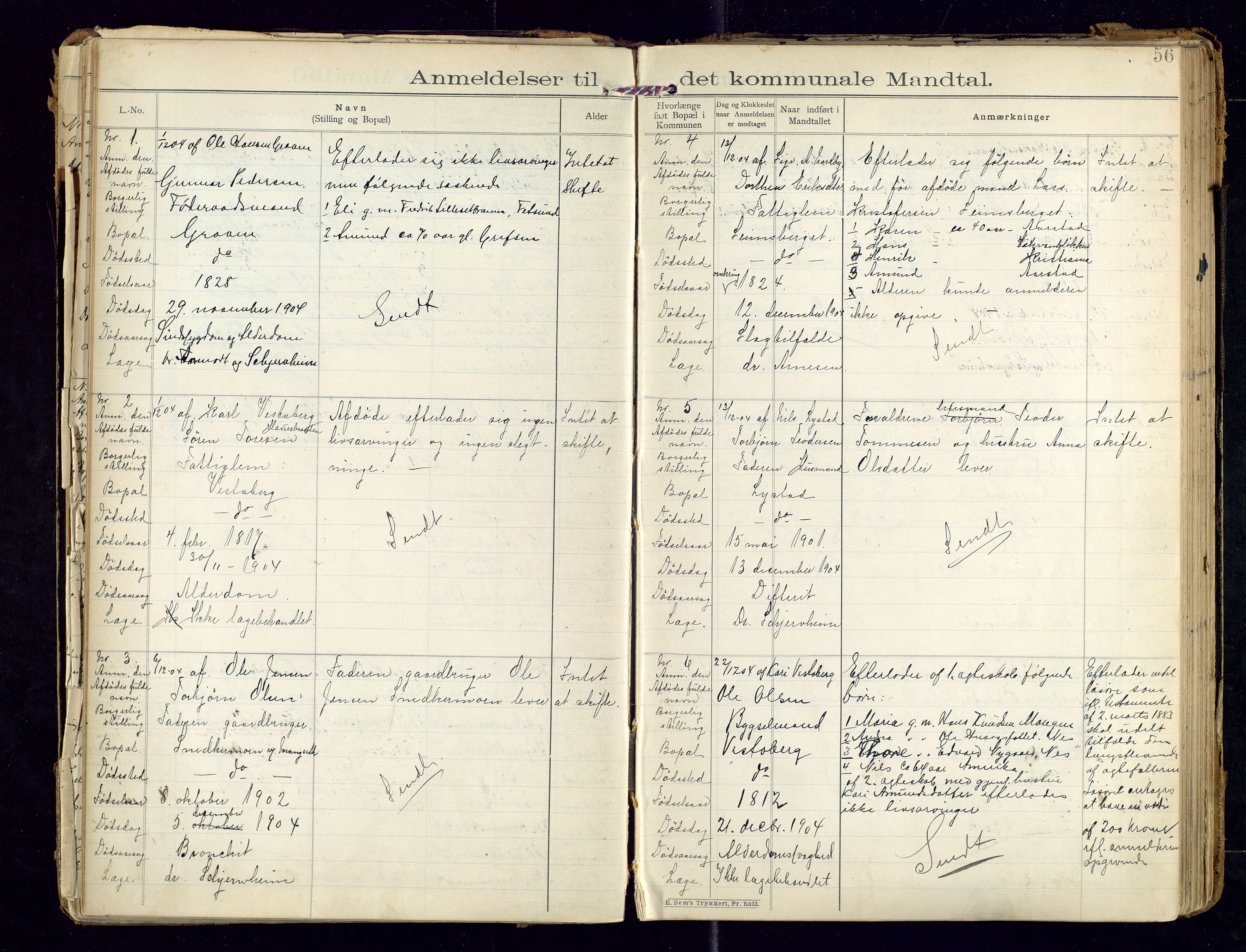 Sør-Odal lensmannskontor, AV/SAH-LHS-022/H/Hb/L0001/0002: Protokoller over anmeldte dødsfall / Protokoll over anmeldte dødsfall, 1901-1913, s. 56