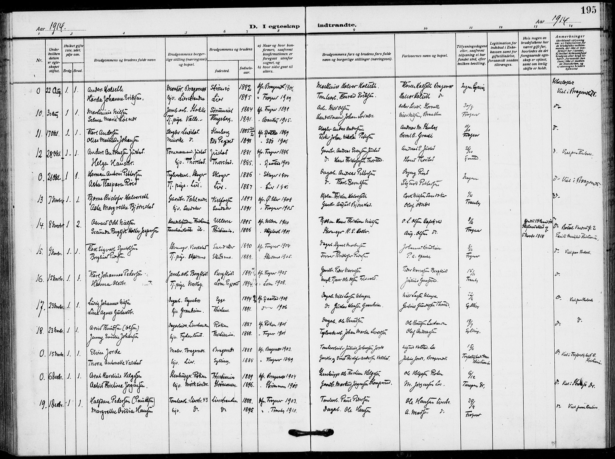 Lier kirkebøker, AV/SAKO-A-230/F/Fa/L0018: Ministerialbok nr. I 18, 1909-1917, s. 195