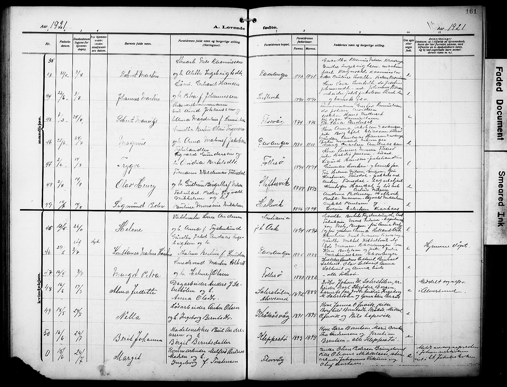 Askøy Sokneprestembete, AV/SAB-A-74101/H/Ha/Hab/Haba/L0011: Klokkerbok nr. A 11, 1908-1931, s. 161