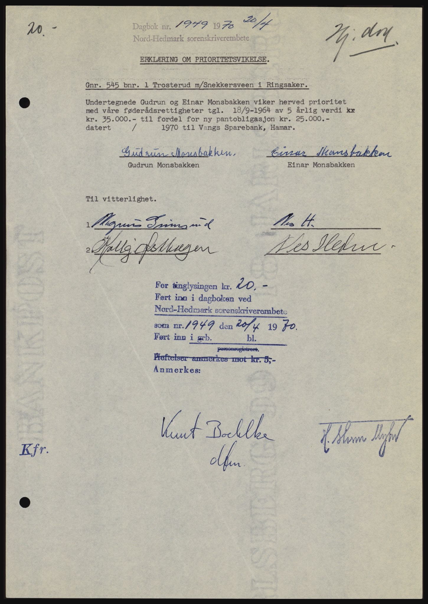 Nord-Hedmark sorenskriveri, AV/SAH-TING-012/H/Hc/L0033: Pantebok nr. 33, 1970-1970, Dagboknr: 1949/1970