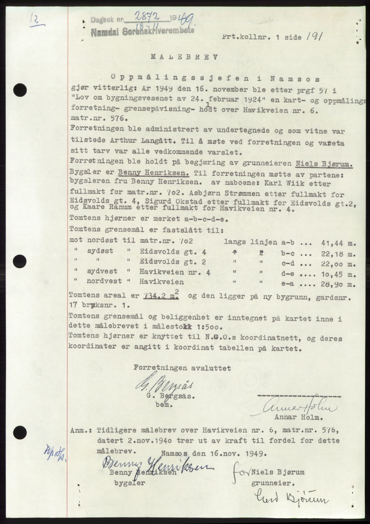 Namdal sorenskriveri, SAT/A-4133/1/2/2C: Pantebok nr. -, 1949-1949, Dagboknr: 2872/1949