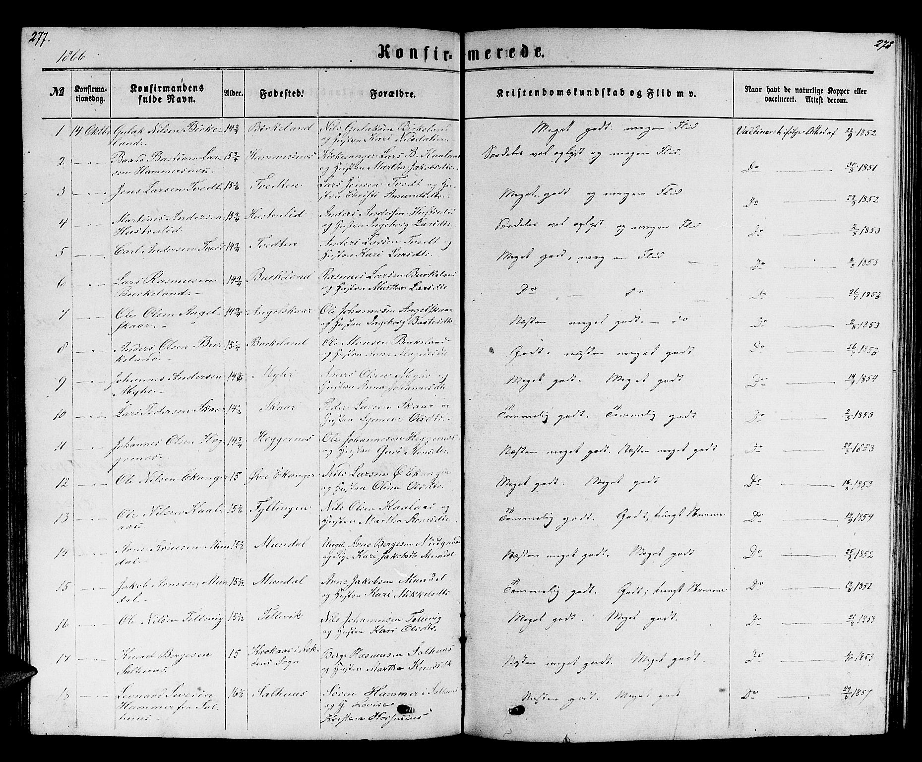 Hamre sokneprestembete, AV/SAB-A-75501/H/Ha/Hab: Klokkerbok nr. B 2, 1863-1880, s. 277-278