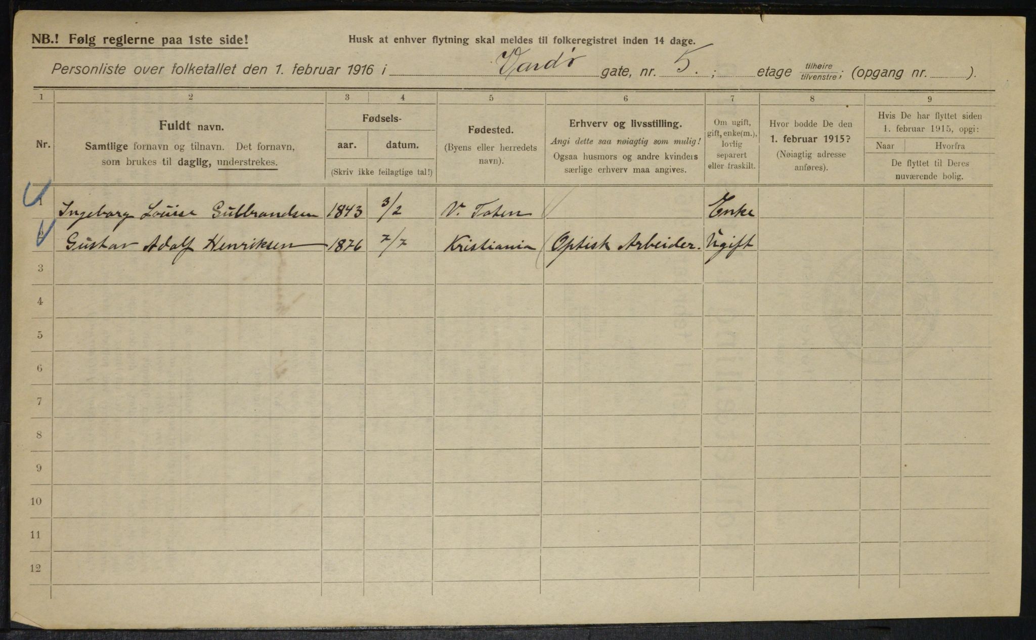 OBA, Kommunal folketelling 1.2.1916 for Kristiania, 1916, s. 125705