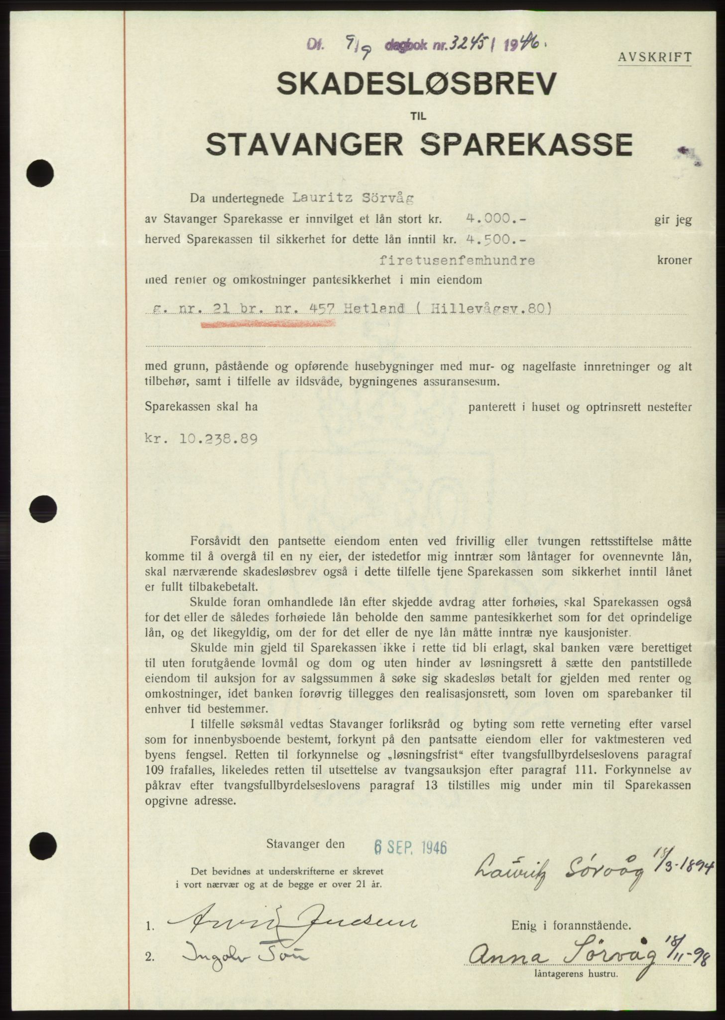Jæren sorenskriveri, SAST/A-100310/03/G/Gba/L0091: Pantebok, 1946-1946, Dagboknr: 3245/1946