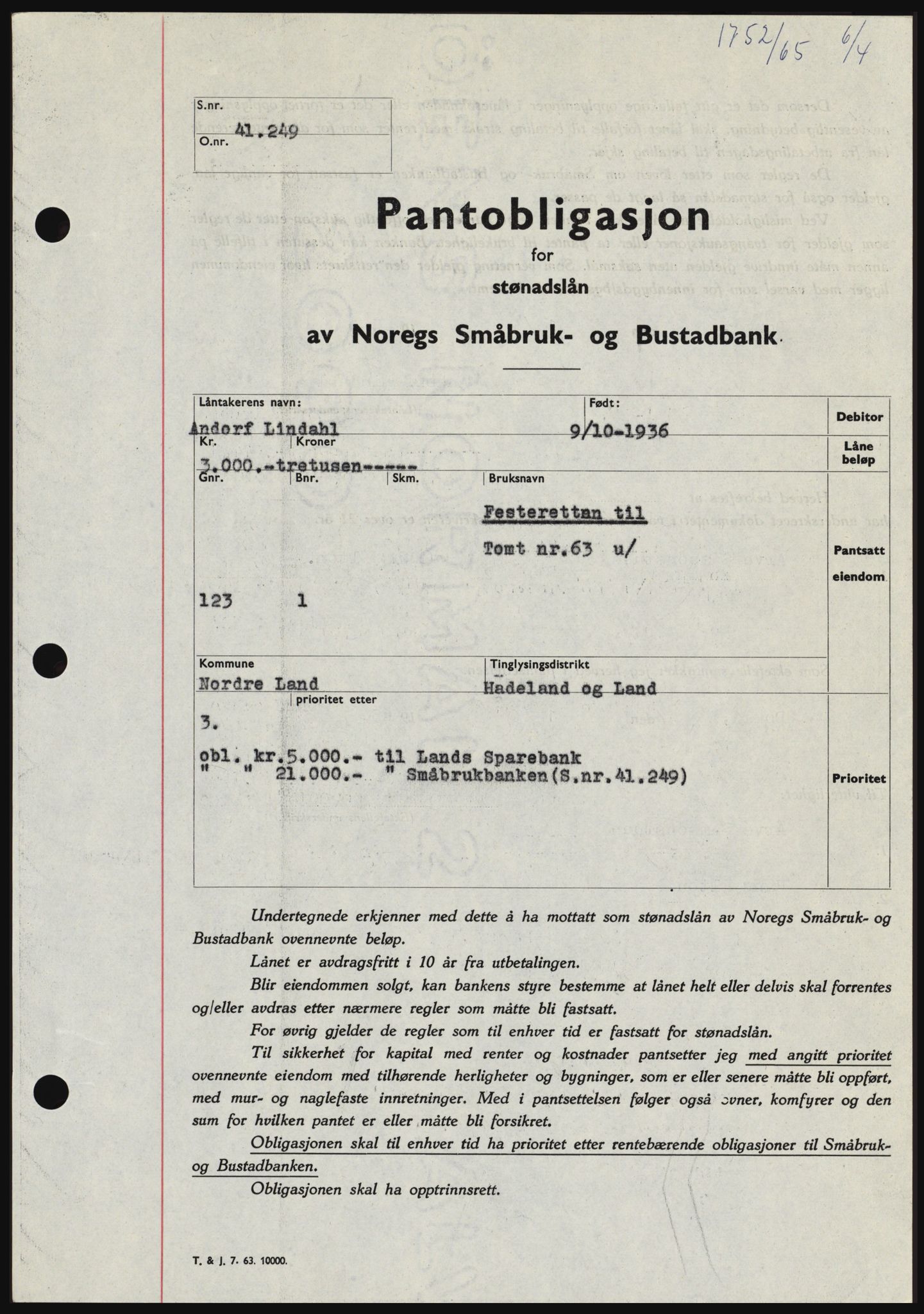 Hadeland og Land tingrett, SAH/TING-010/H/Hb/Hbc/L0058: Pantebok nr. B58, 1965-1965, Dagboknr: 1752/1965