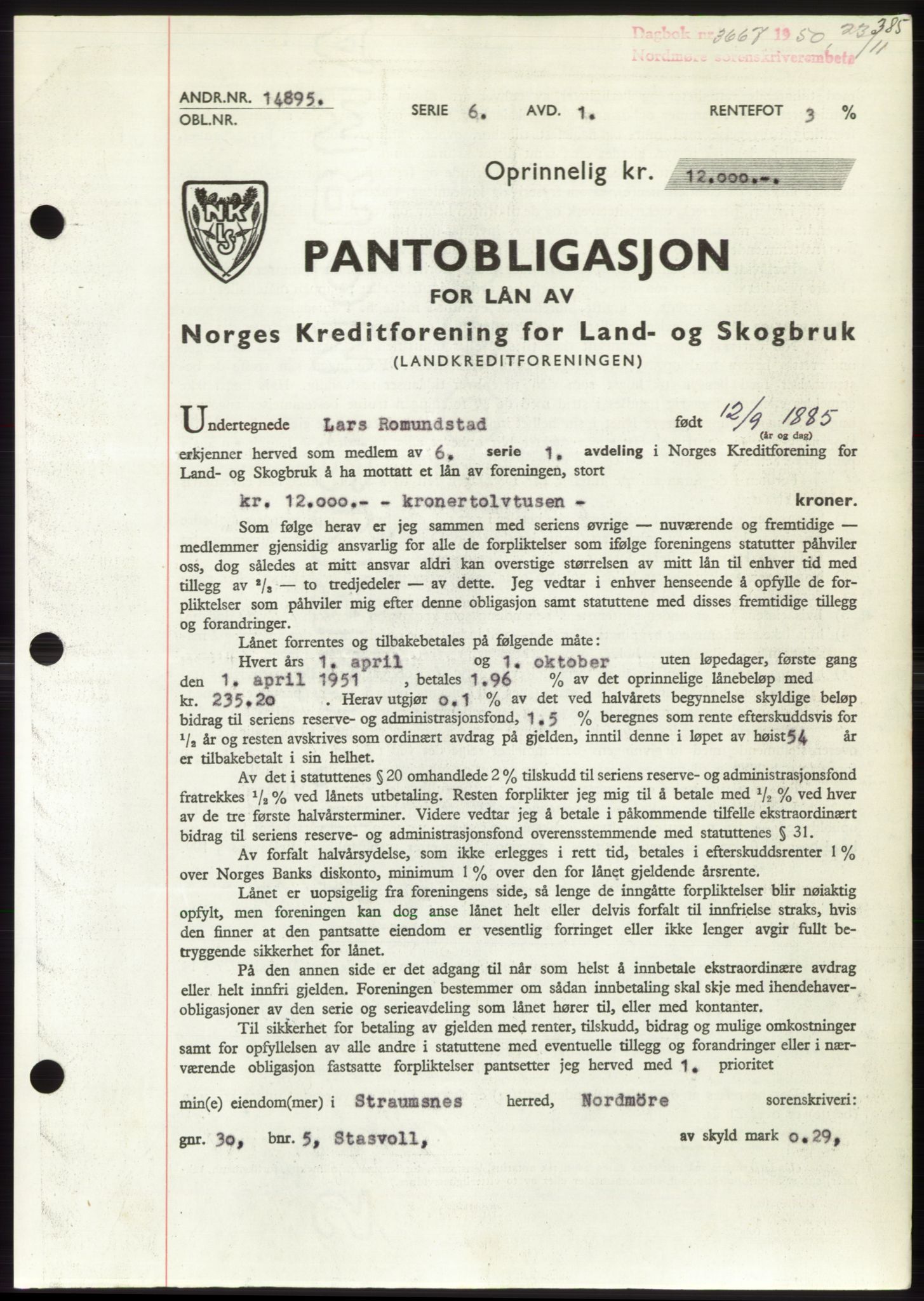 Nordmøre sorenskriveri, AV/SAT-A-4132/1/2/2Ca: Pantebok nr. B106, 1950-1950, Dagboknr: 3667/1950