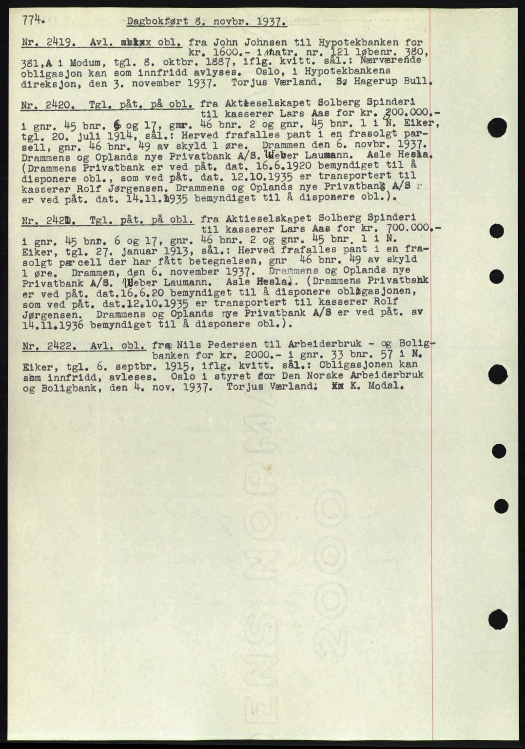 Eiker, Modum og Sigdal sorenskriveri, SAKO/A-123/G/Ga/Gab/L0036: Pantebok nr. A6, 1937-1937, Dagboknr: 2419/1937