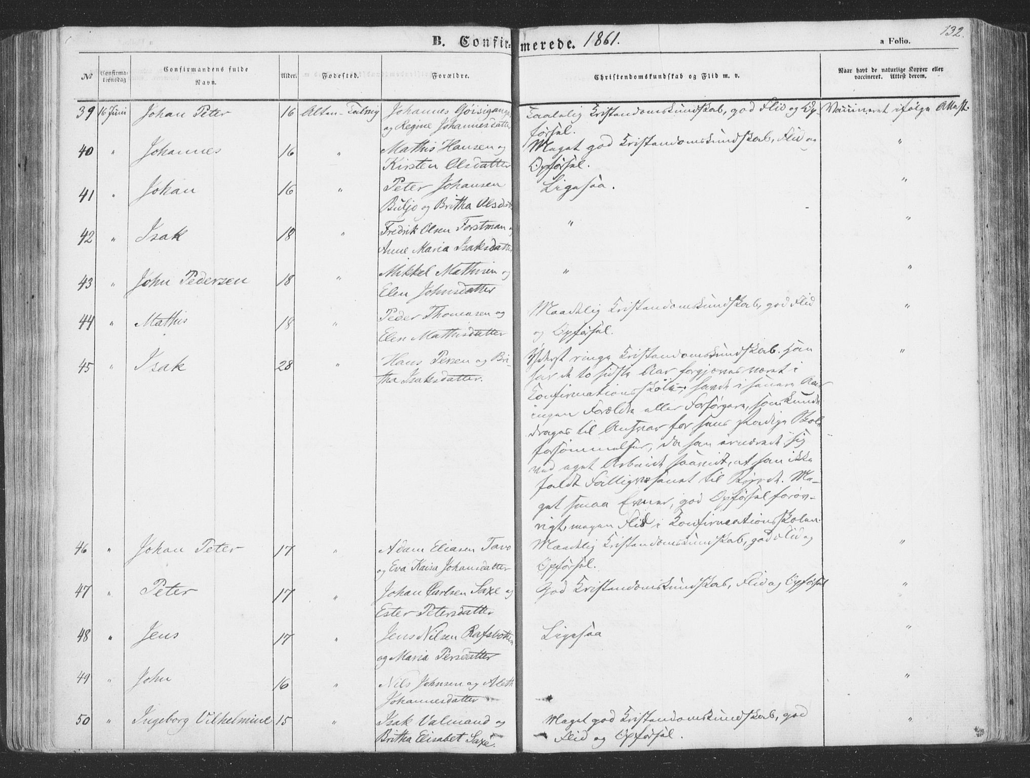 Talvik sokneprestkontor, AV/SATØ-S-1337/H/Ha/L0010kirke: Ministerialbok nr. 10, 1852-1864, s. 132