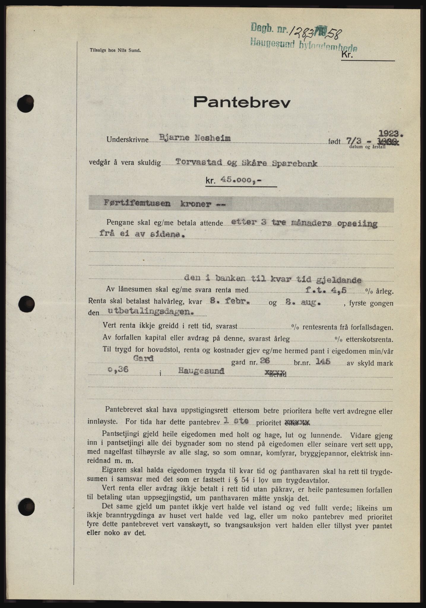 Haugesund tingrett, SAST/A-101415/01/II/IIC/L0044: Pantebok nr. B 44, 1958-1959, Dagboknr: 1283/1958