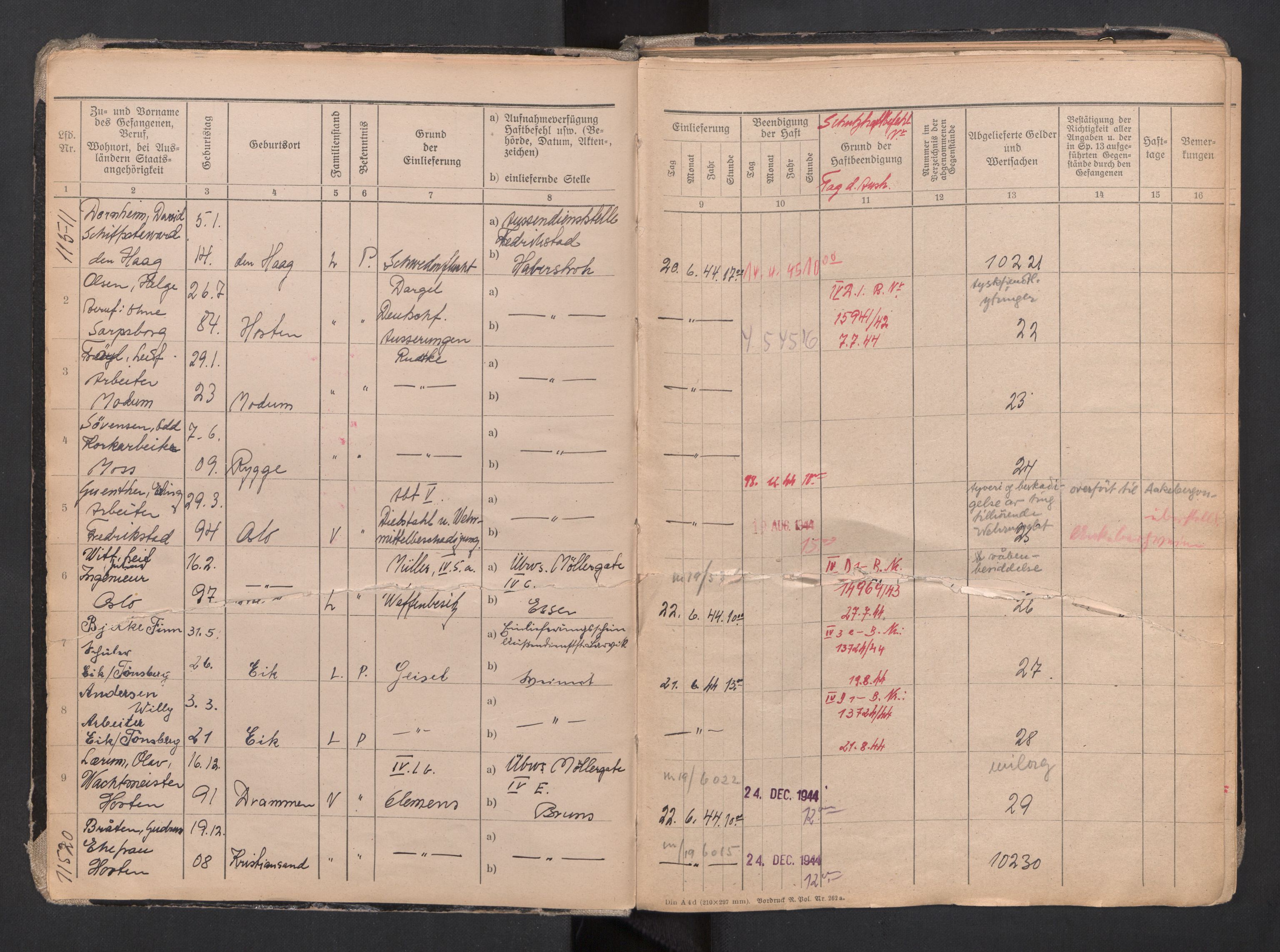 Befehlshaber der Sicherheitspolizei und des SD, AV/RA-RAFA-5969/F/Fa/Faa/L0007: Fangeprotokoll. - Gefangenen-Buch B. Fangenr. 11481-12000 og 13061-13930., 1944