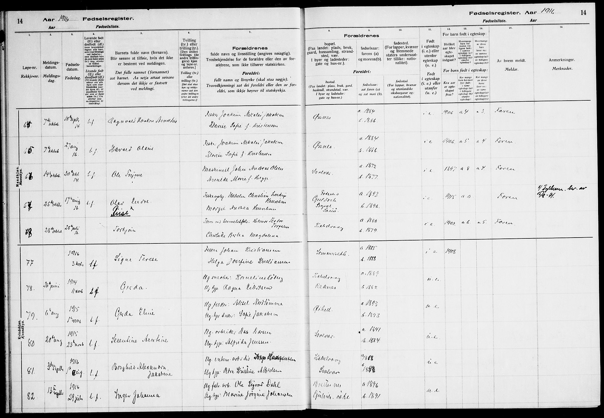 Ministerialprotokoller, klokkerbøker og fødselsregistre - Nordland, AV/SAT-A-1459/874/L1089: Fødselsregister nr. 874.II.4.1, 1916-1926, s. 14