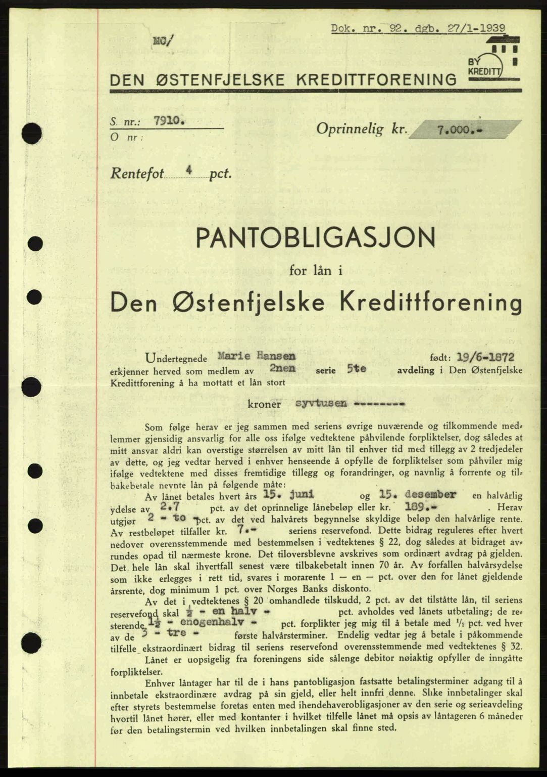 Fredrikstad byfogd, SAO/A-10473a/G/Ga/Gad/L0002: Pantebok nr. B2, 1938-1939, Dagboknr: 92/1939