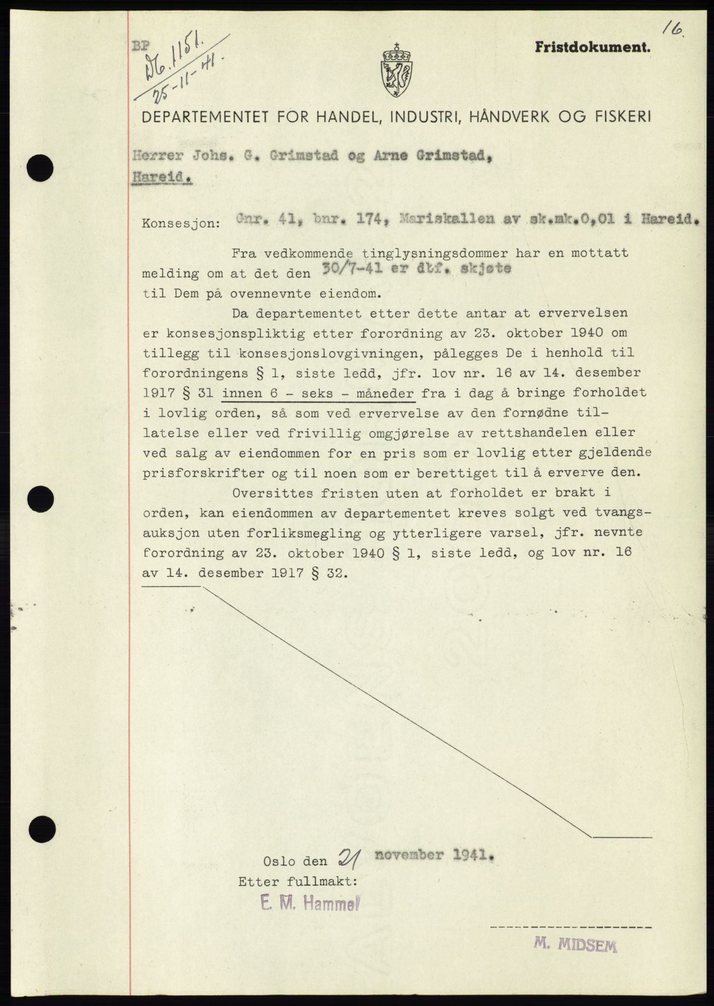 Søre Sunnmøre sorenskriveri, AV/SAT-A-4122/1/2/2C/L0073: Pantebok nr. 67, 1941-1942, Dagboknr: 1151/1941