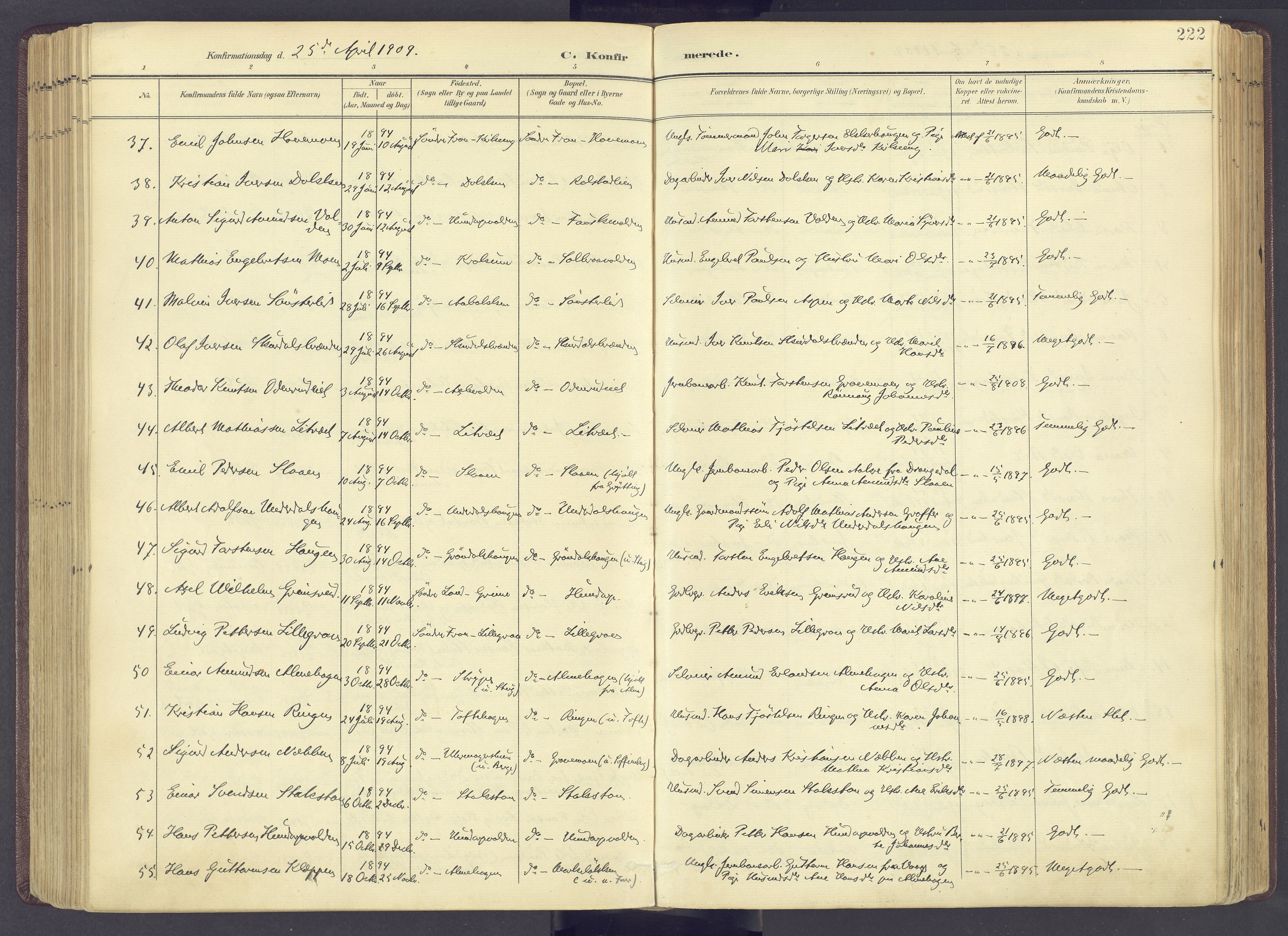 Sør-Fron prestekontor, SAH/PREST-010/H/Ha/Haa/L0004: Ministerialbok nr. 4, 1898-1919, s. 222