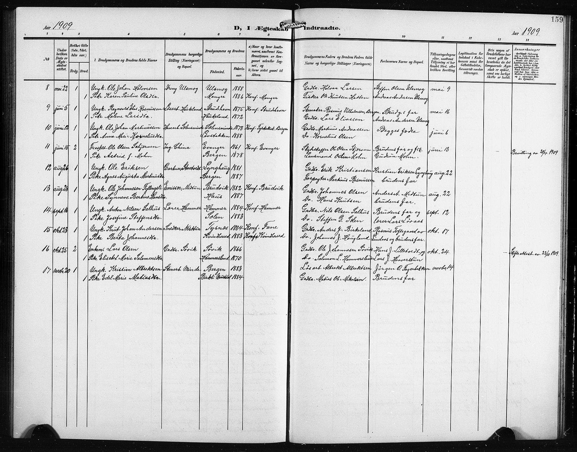 Birkeland Sokneprestembete, AV/SAB-A-74601/H/Hab: Klokkerbok nr. A 6, 1906-1915, s. 159