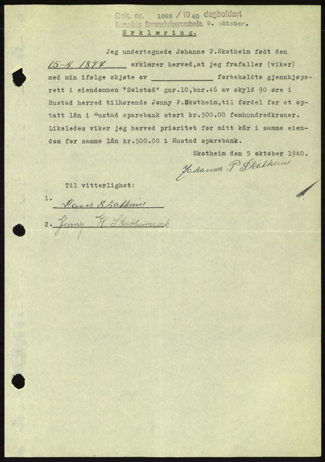 Romsdal sorenskriveri, SAT/A-4149/1/2/2C: Pantebok nr. B2, 1939-1945, Dagboknr: 1098/1940