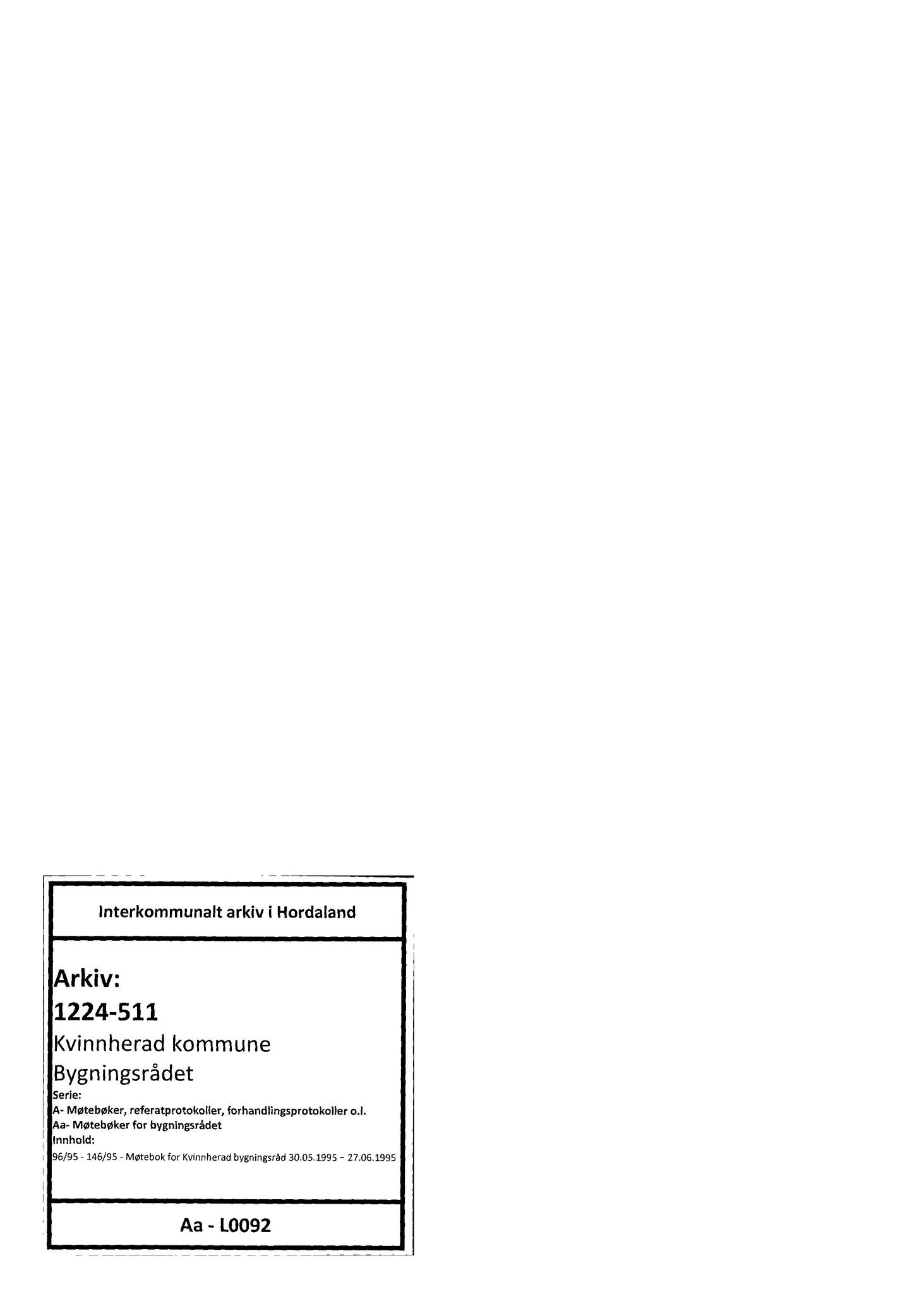 Kvinnherad kommune. Bygningsrådet , IKAH/1224-511/A/Aa/L0092: Møtebok for Kvinnherad bygningsråd, 1995