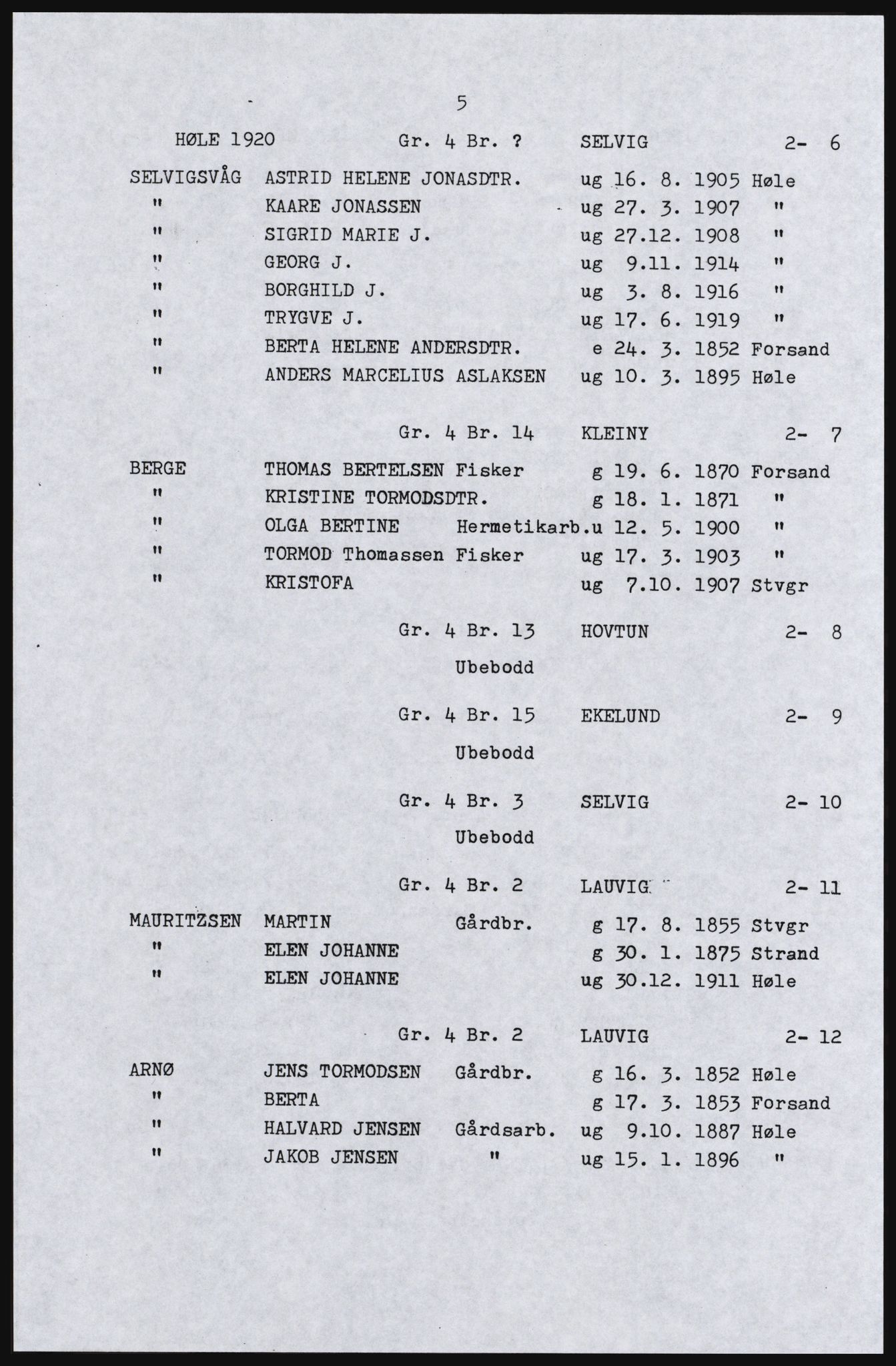 SAST, Avskrift av folketellingen 1920 for Høle herred, 1920, s. 45