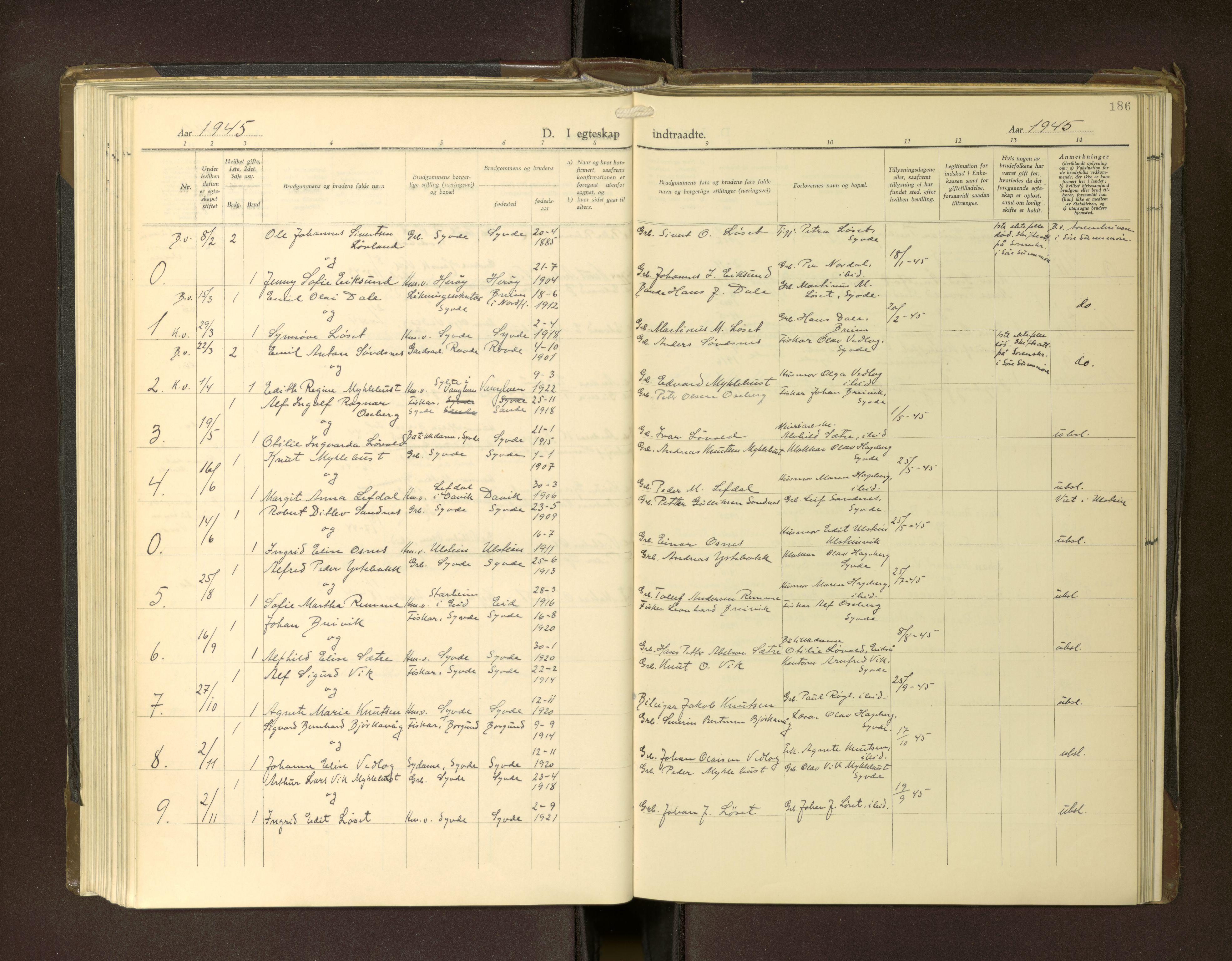 Ministerialprotokoller, klokkerbøker og fødselsregistre - Møre og Romsdal, AV/SAT-A-1454/502/L0029: Klokkerbok nr. 502---, 1932-1968, s. 186