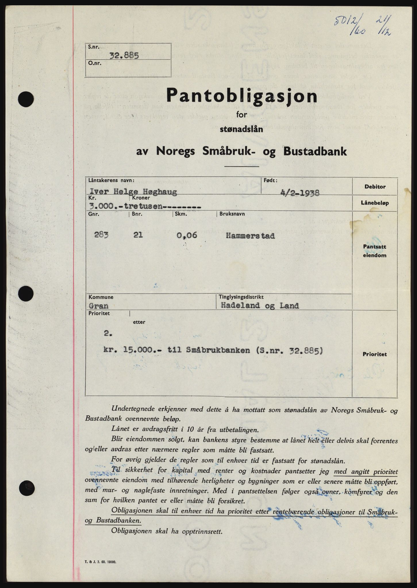 Hadeland og Land tingrett, SAH/TING-010/H/Hb/Hbc/L0044: Pantebok nr. B44, 1960-1961, Dagboknr: 5012/1960