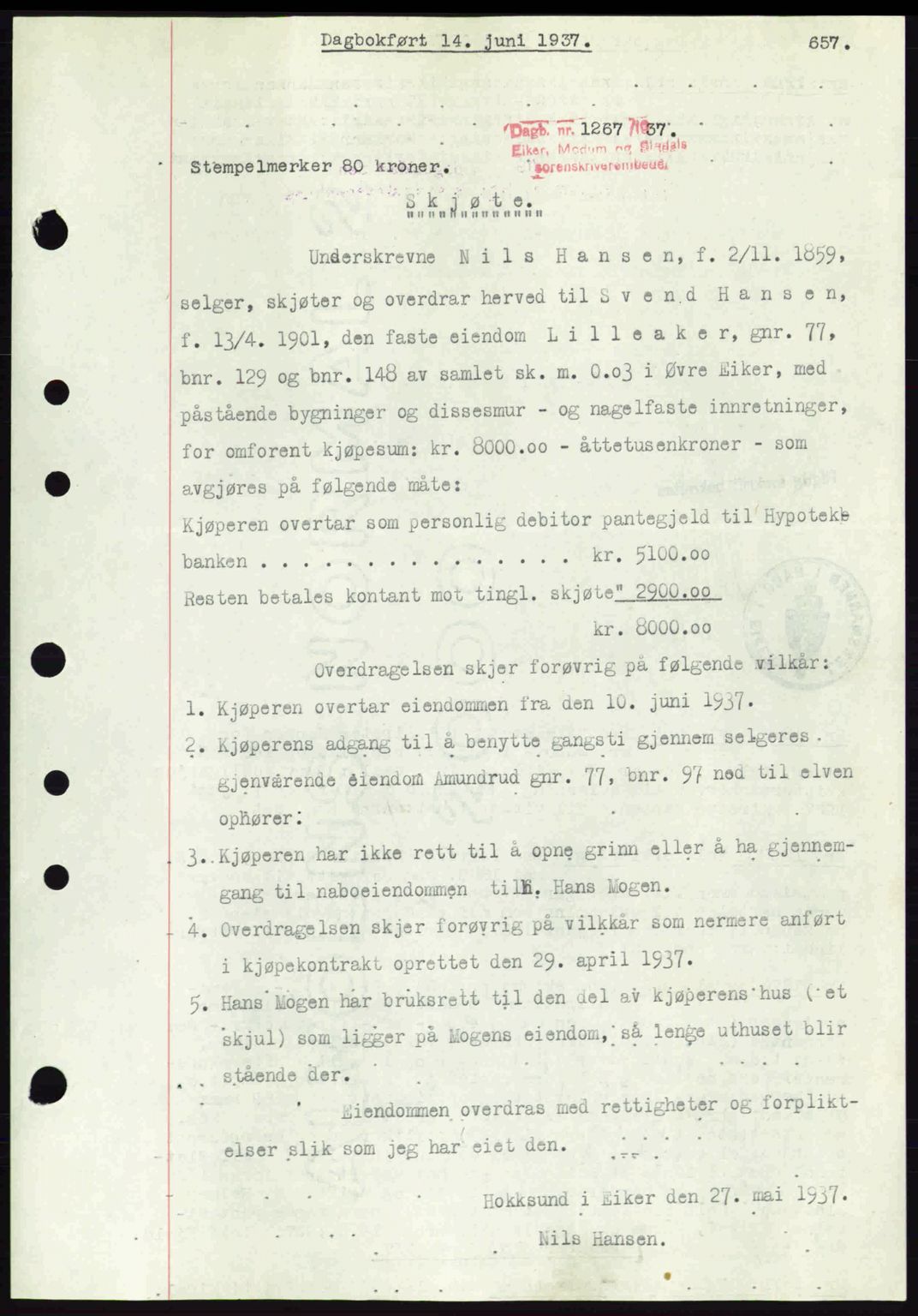 Eiker, Modum og Sigdal sorenskriveri, SAKO/A-123/G/Ga/Gab/L0035: Pantebok nr. A5, 1937-1937, Dagboknr: 1267/1937