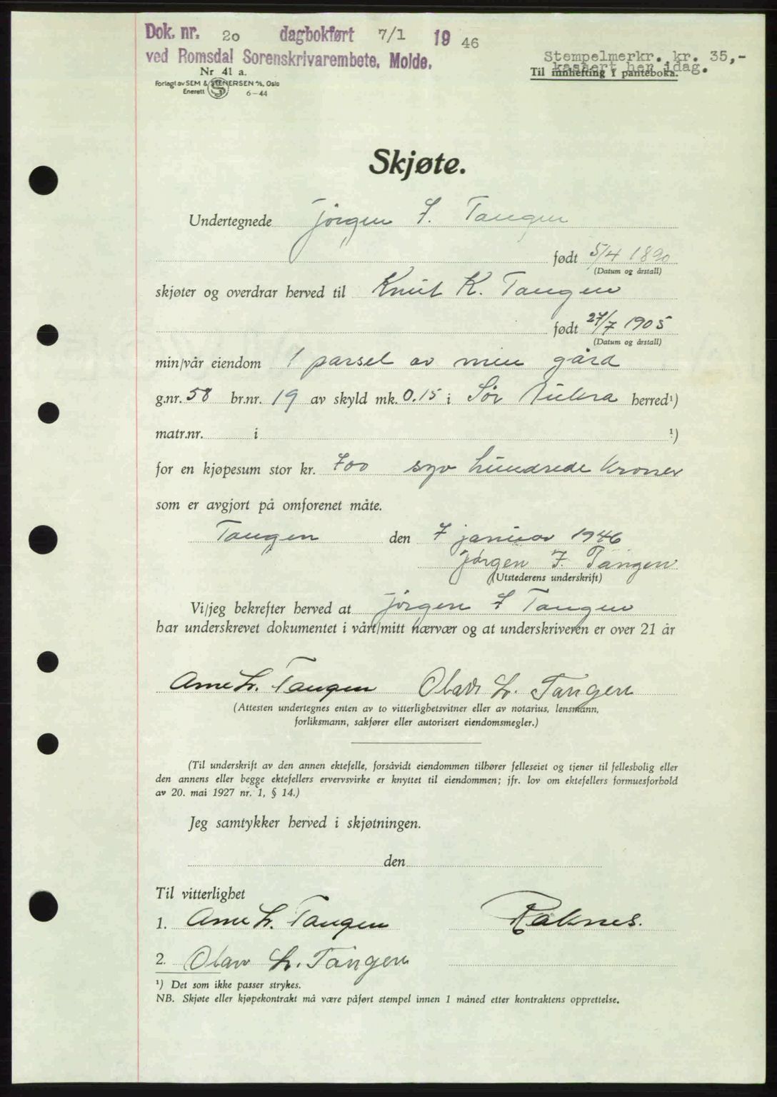 Romsdal sorenskriveri, SAT/A-4149/1/2/2C: Pantebok nr. A19, 1946-1946, Dagboknr: 20/1946