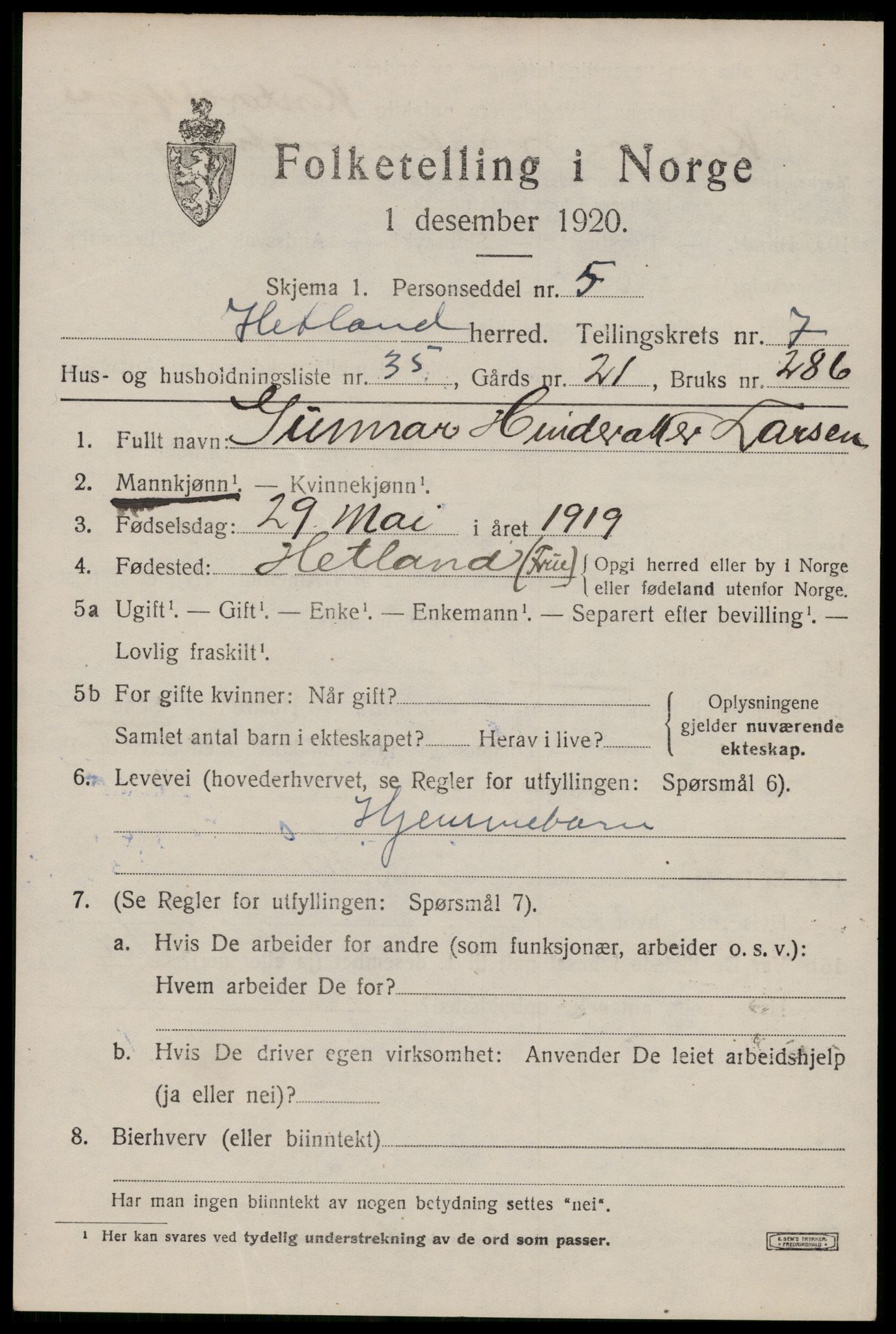 SAST, Folketelling 1920 for 1126 Hetland herred, 1920, s. 14351
