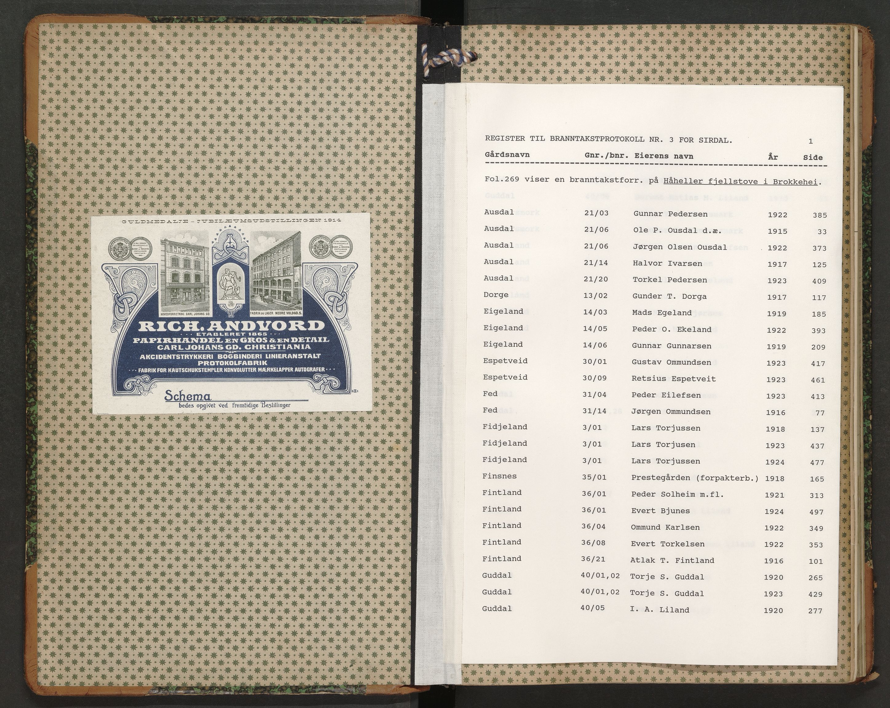 Norges Brannkasse Sirdal, SAK/2241-0044/F/Fa/L0004: Branntakstprotokoll nr. 3 med gårdsnavnregister, 1915-1924