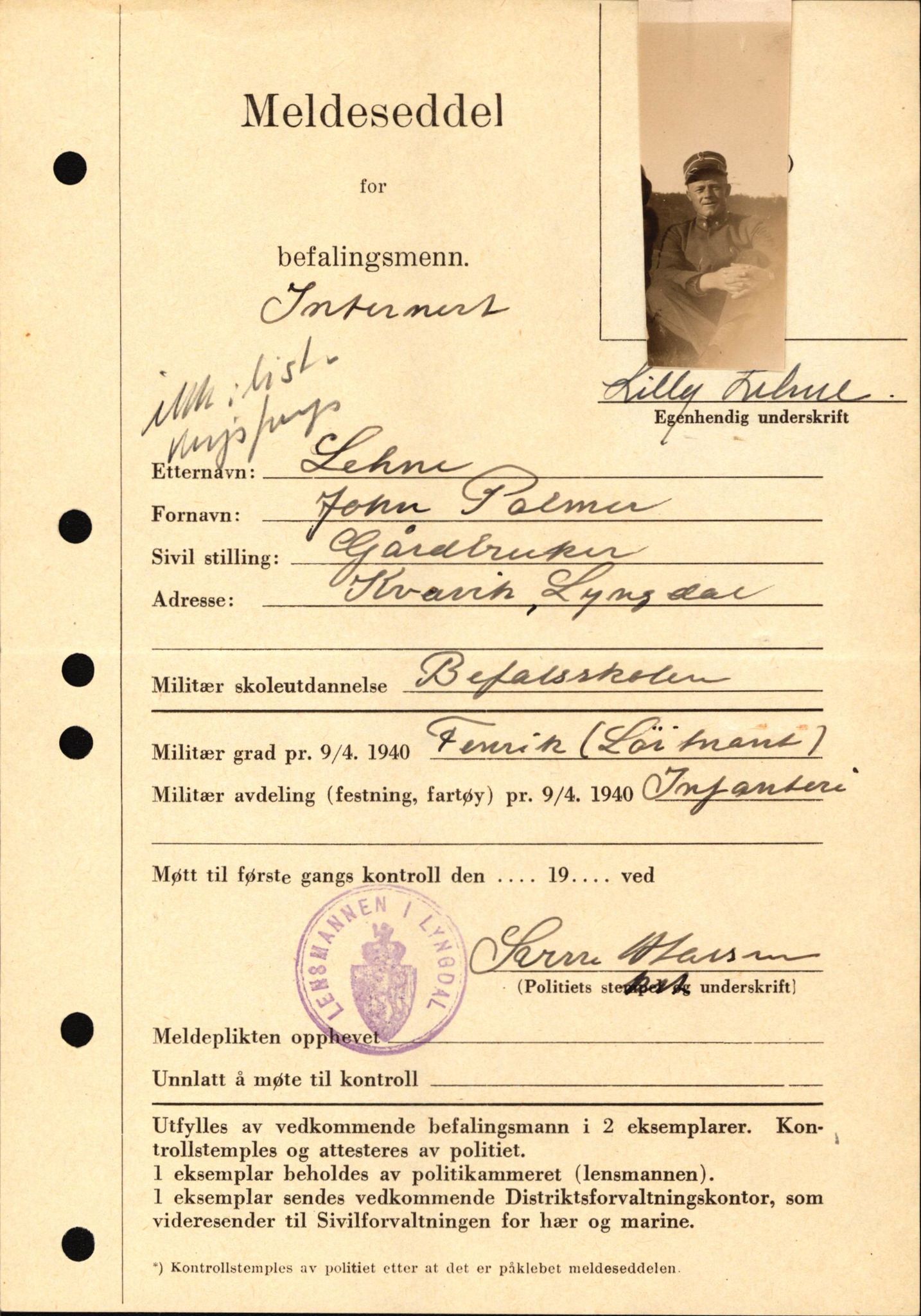 Forsvaret, Forsvarets krigshistoriske avdeling, AV/RA-RAFA-2017/Y/Yf/L0209: II-C-11-2121  -  Okkupasjonstiden.  Meldesedler for befal med foto og oppl. om militær grad 9. apr. 1940., 1944-1945, s. 65