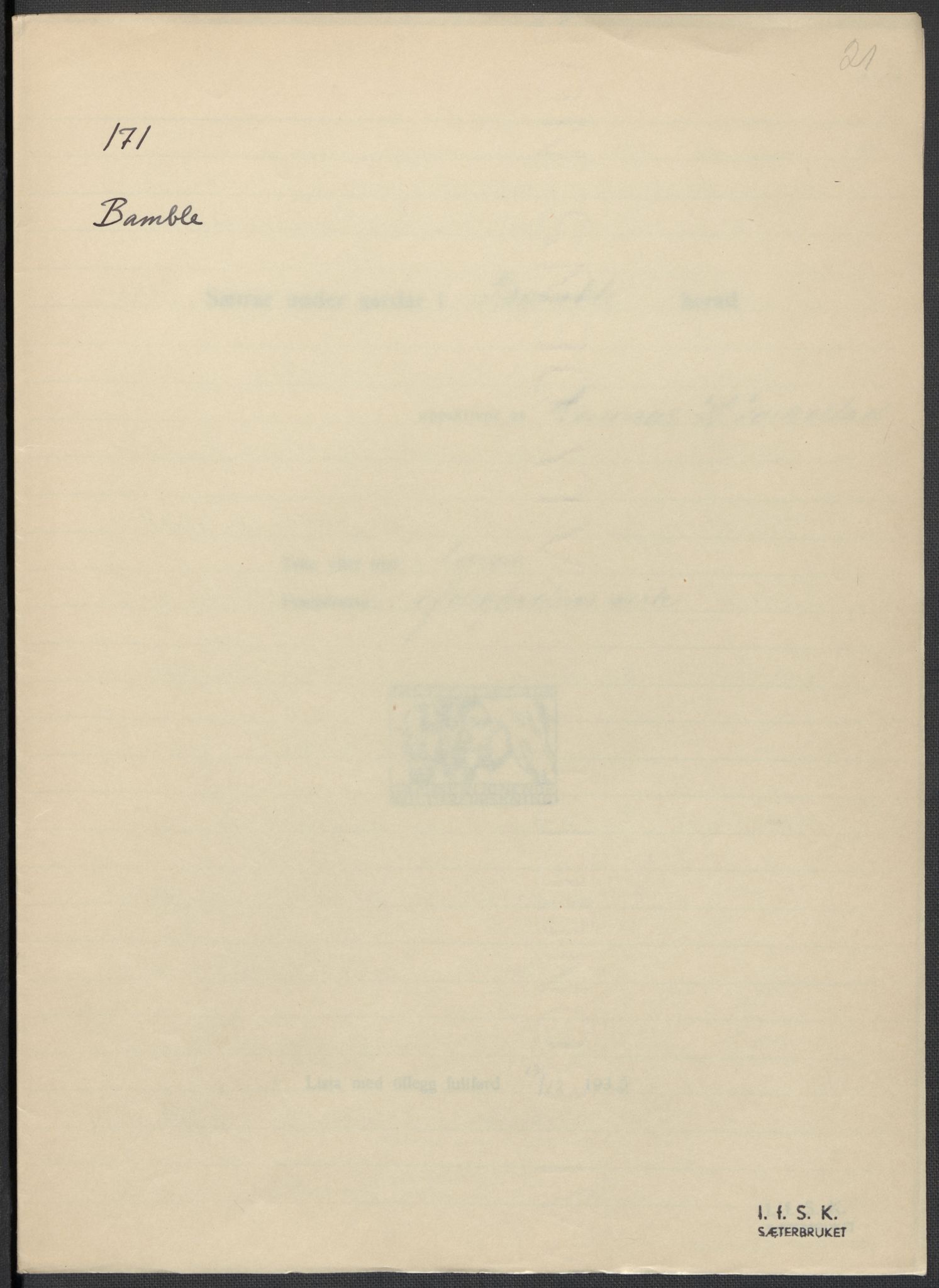Instituttet for sammenlignende kulturforskning, AV/RA-PA-0424/F/Fc/L0007/0001: Eske B7: / Telemark (perm XVI), 1934-1936, s. 21